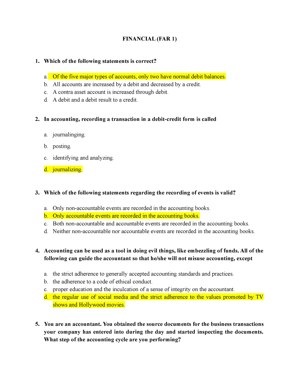 Financial FAR 1 - IT COMPOSE OF MULTIPLE CHOICE QUESTION WITH ANSWERS ...