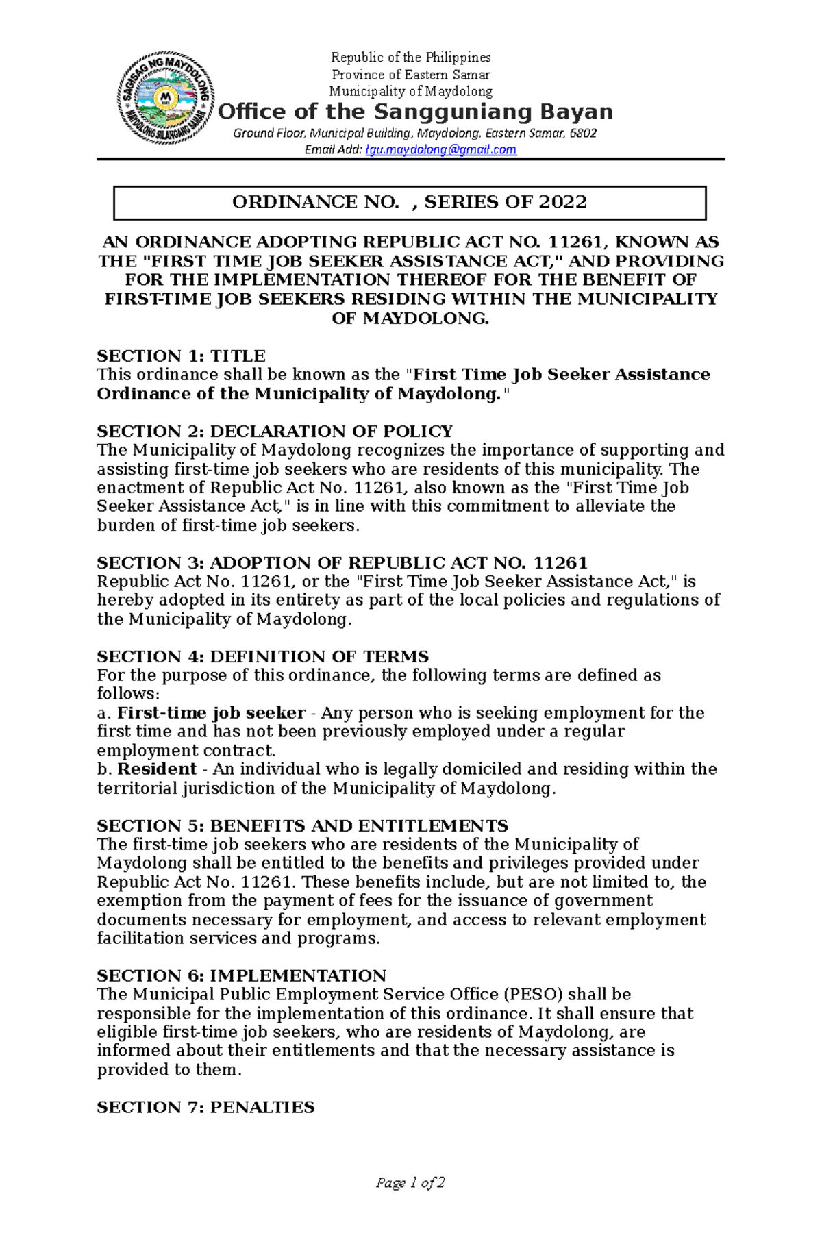 Draft ordinance for prohibiting minors Republic of the Philippines Province of Eastern Samar
