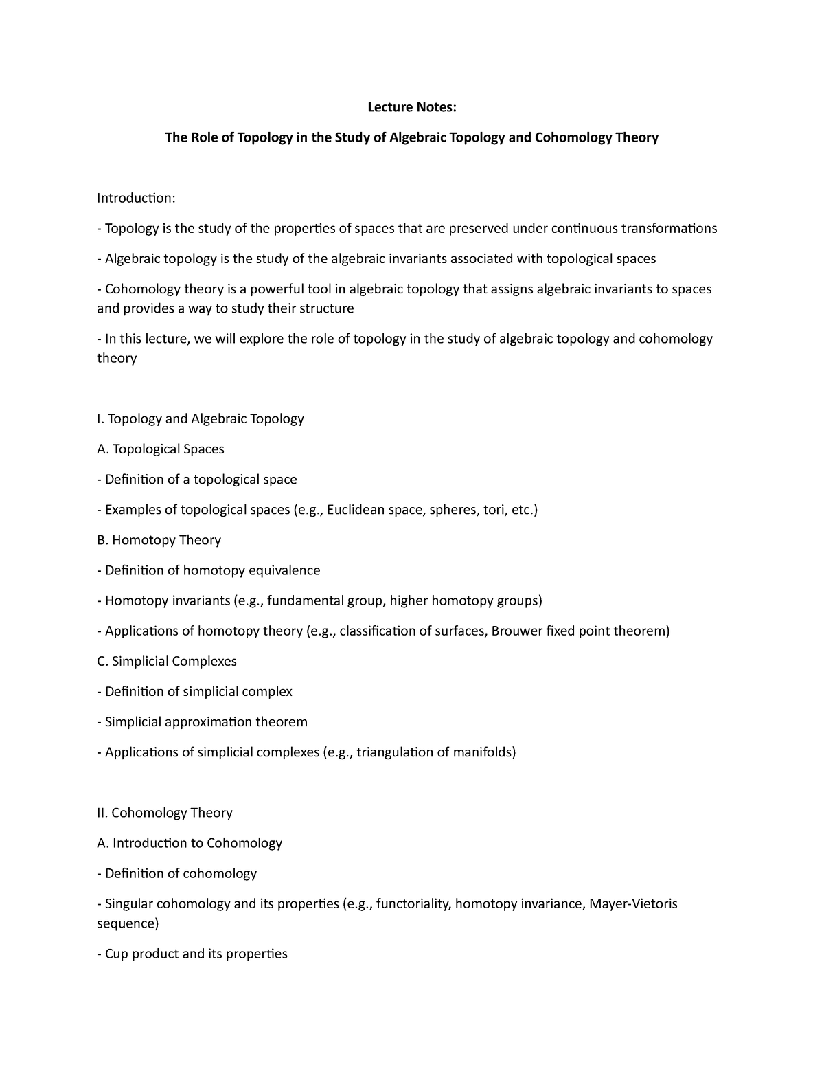 Lecture Notes: The Role Of Topology In The Study Of Algebraic Topology ...