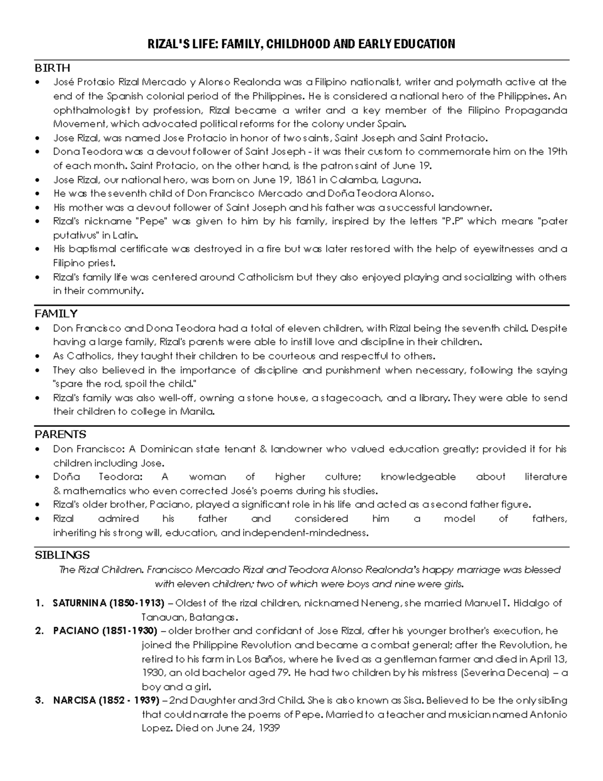 Rizal 101 Notes - RIZAL'S LIFE: FAMILY, CHILDHOOD AND EARLY EDUCATION ...