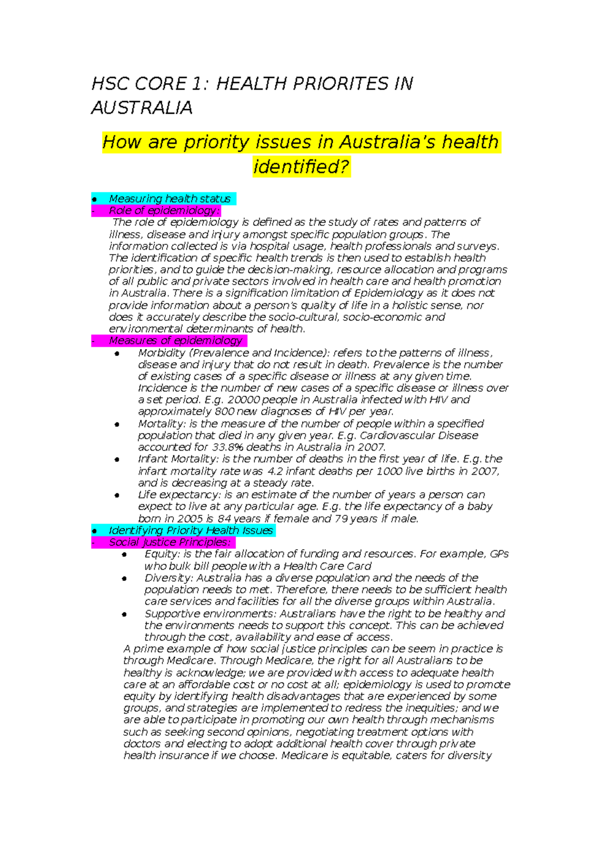 Pdhpe Study Notes YR 12 TASK 2 - HSC CORE 1: HEALTH PRIORITES IN ...