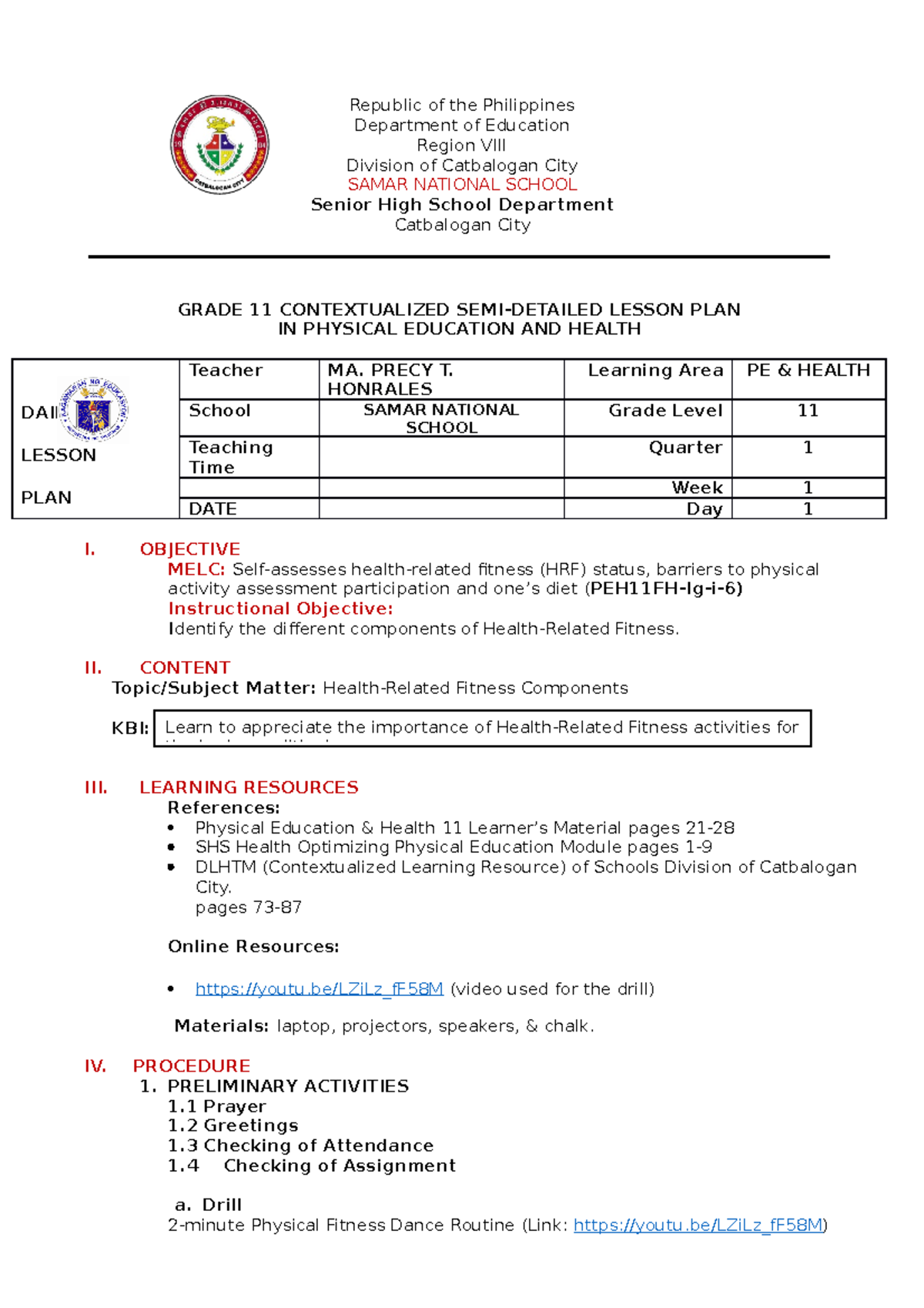 Edited Honrales-Contextualized-Lesson-Plan Q1 L1 PEH-11 - Republic of ...