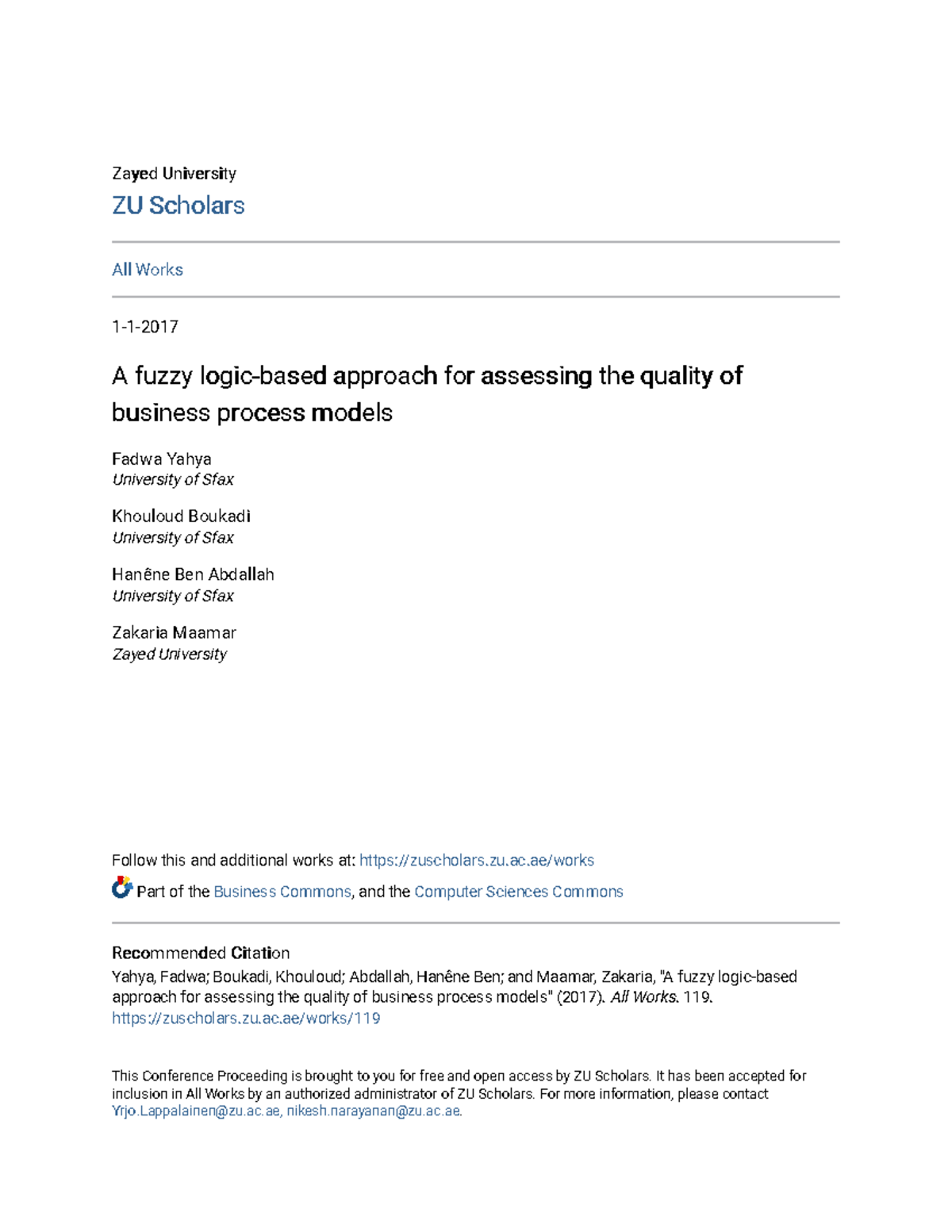 A fuzzy logic-based approach for assessing the quality of busines - zu ...
