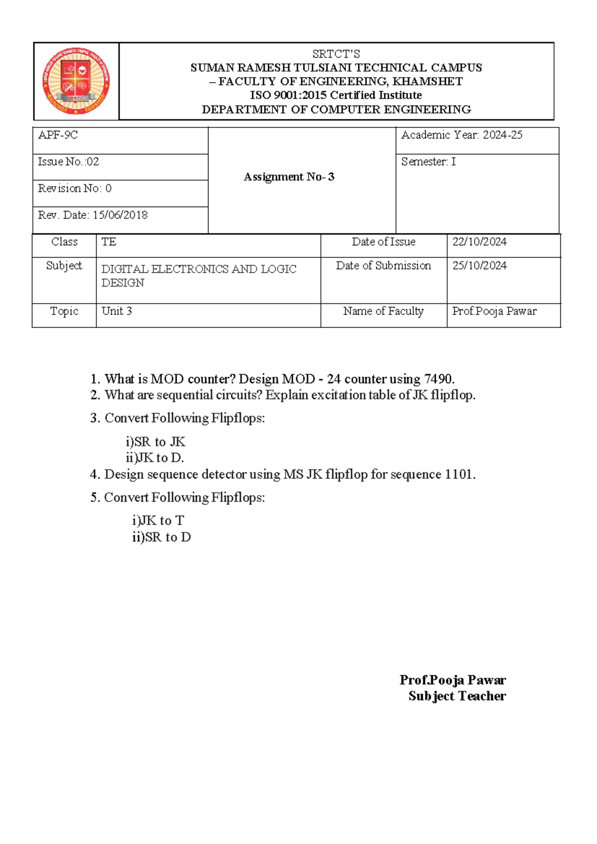 DELD Assignment 3 - Free for all - 1. What is MOD counter? Design MOD ...