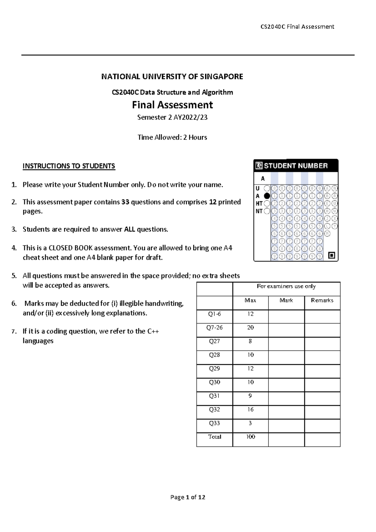 AY202223+S2+Final+ans+v0 - INSTRUCTIONS TO STUDENTS 1. Please write ...
