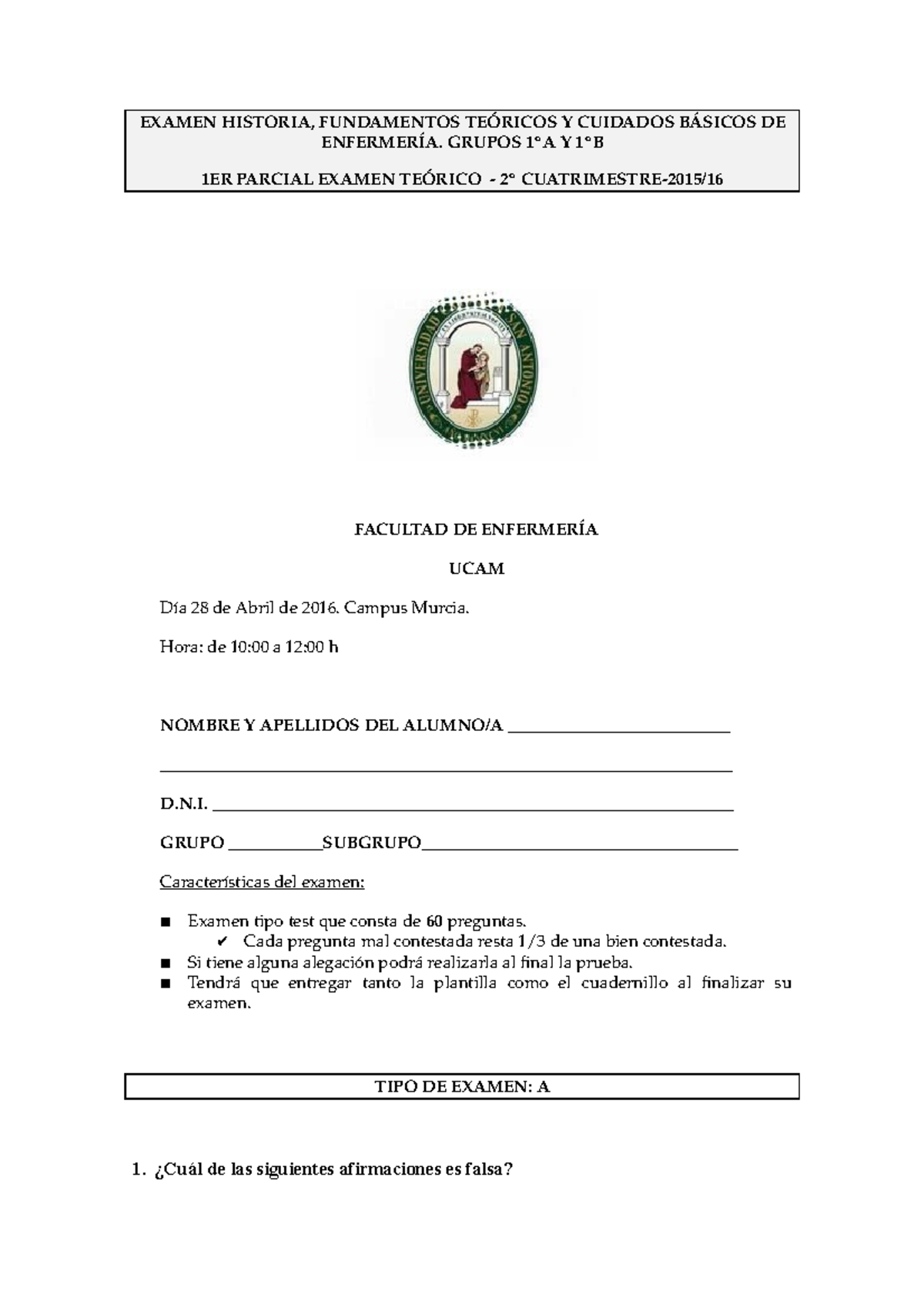 Examen Historia, Fund Teóricos Y Cuidados Básicos 2º Cuatrimestre-1er ...