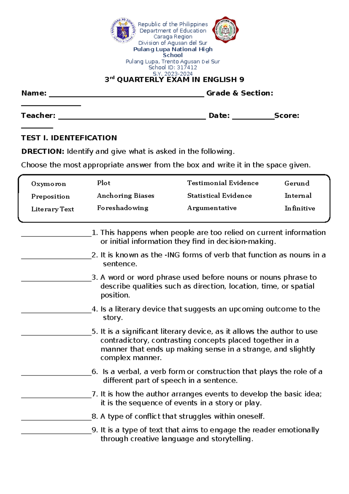 Edited for reproduction 3RD-Quarter-Exam- English 9-final - 3 rd ...