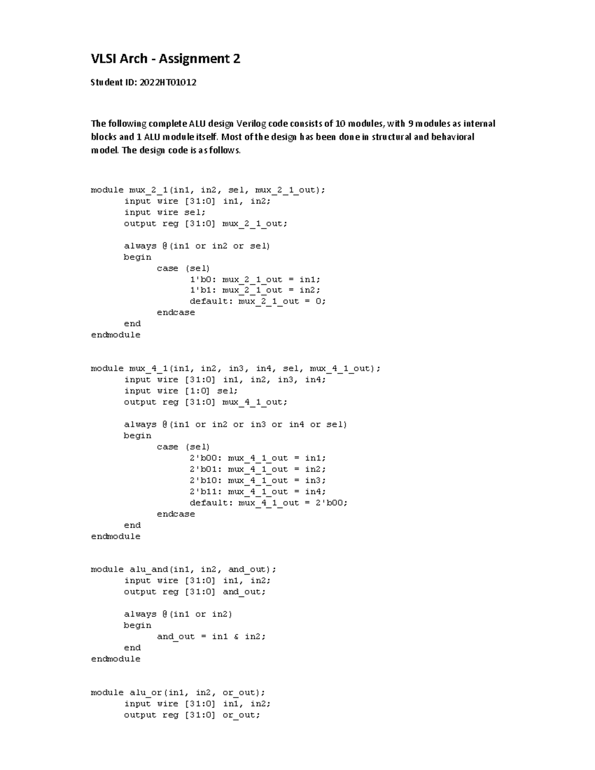 Vlsi - Verilog lecture notes - VLSI Arch - Assignment 2 Student ID ...