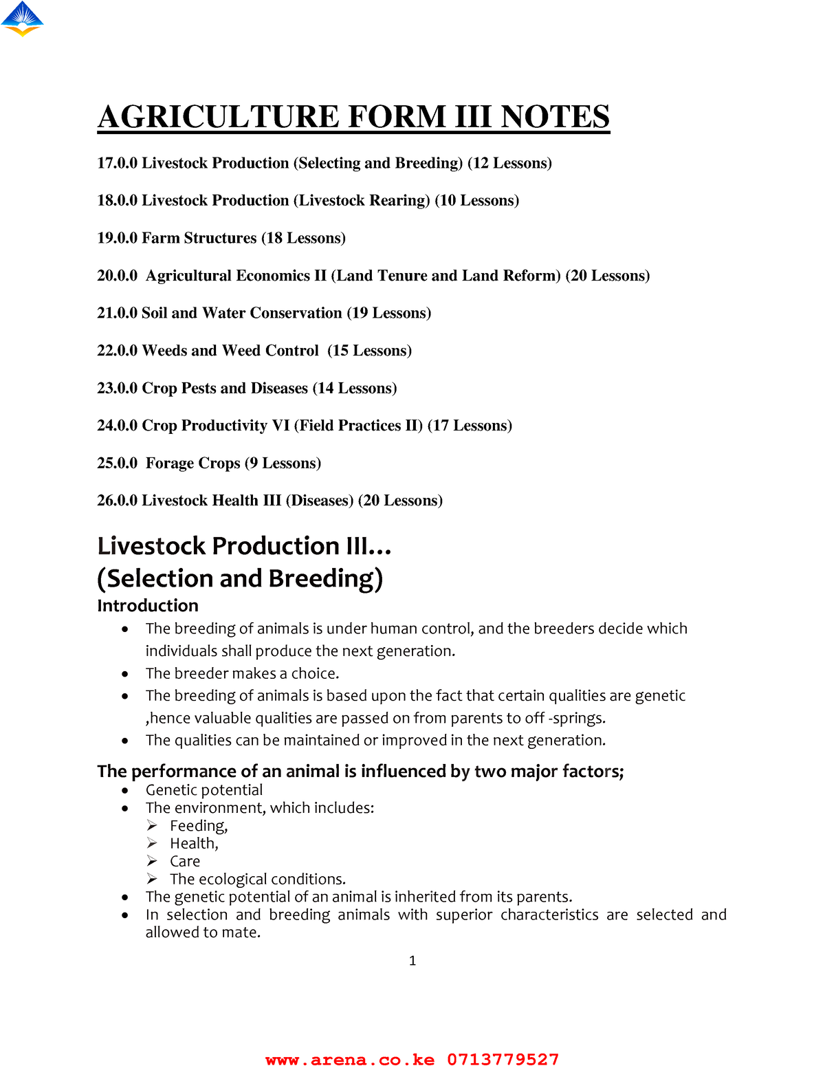 Agriculture FORM 3 Notes - 1 AGRICULTURE FORM III NOTES 17.0 Livestock ...