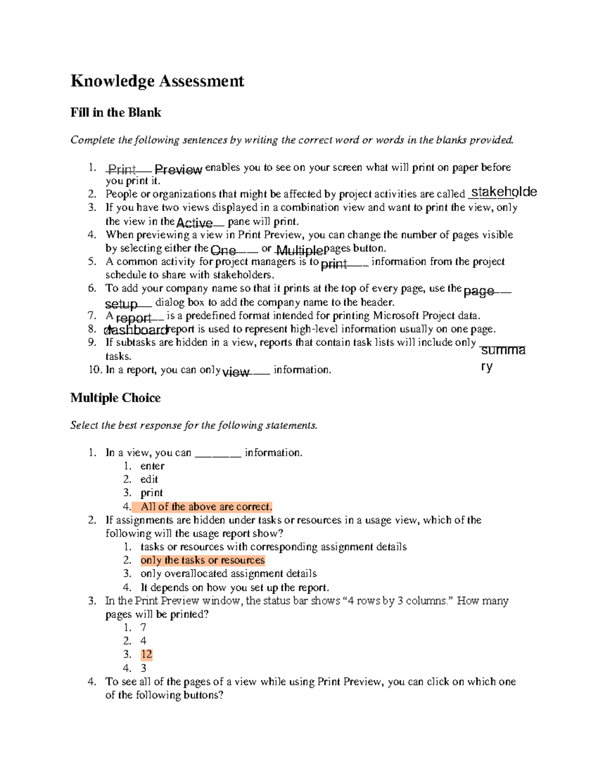 MSProject Lesson 10 Exercises - Knowledge Assessment Fill in the Blank ...