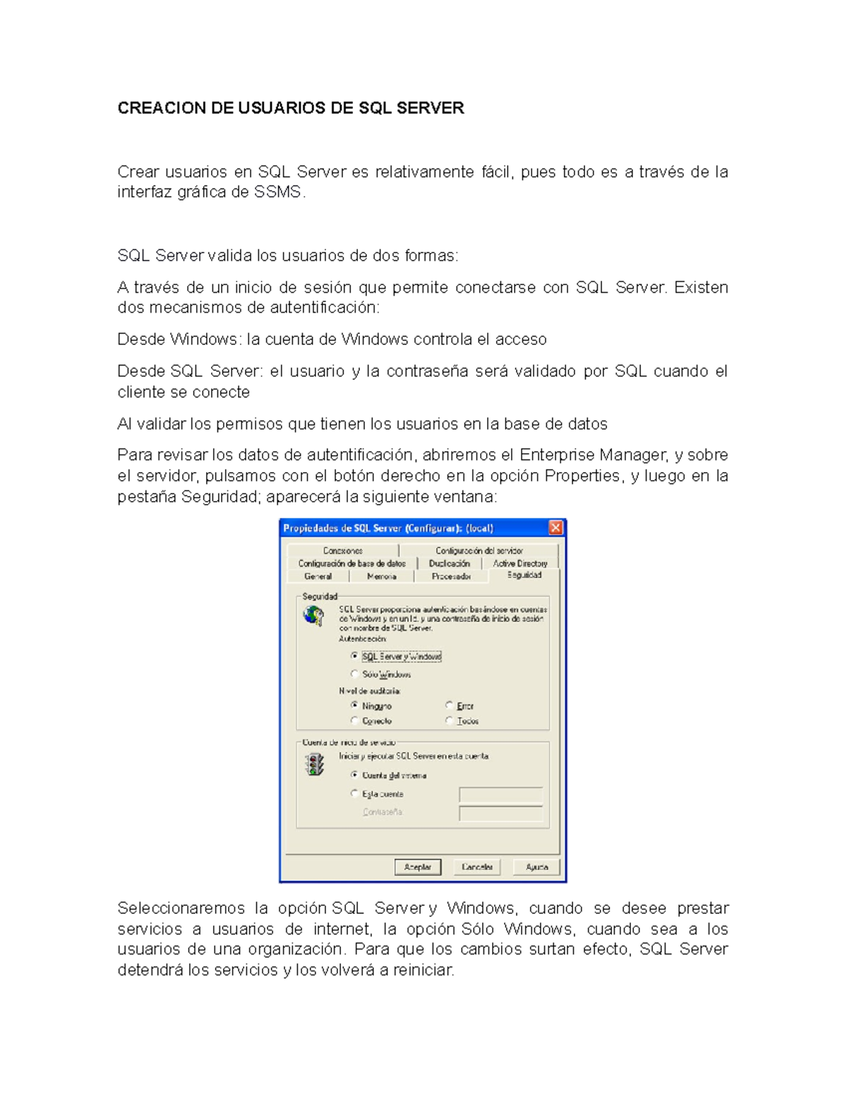 Creación de usuarios de SQL Server - CREACION DE USUARIOS DE SQL SERVER ...