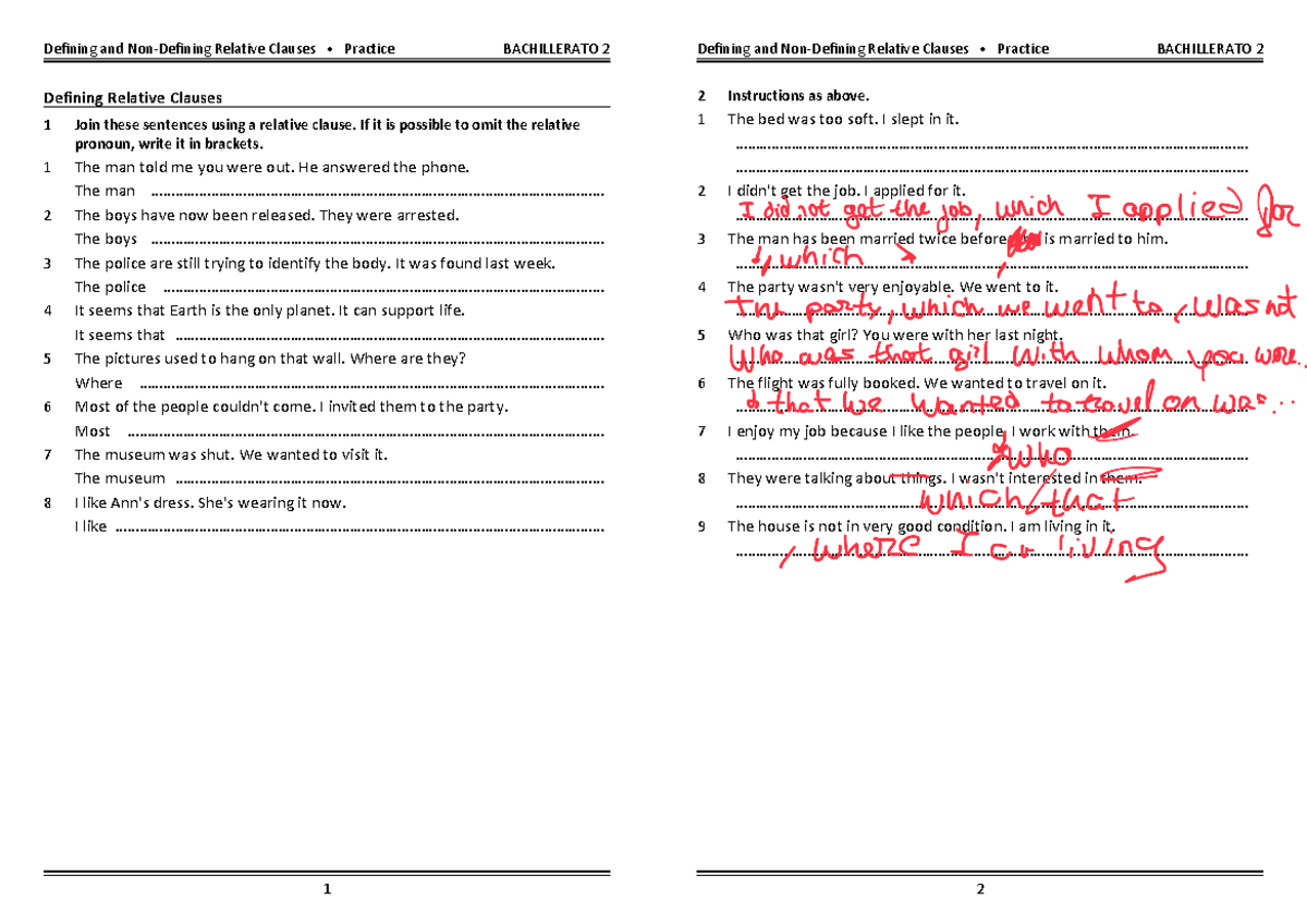 Exercises relative clauses - Defining Relative Clauses 1 Join these ...