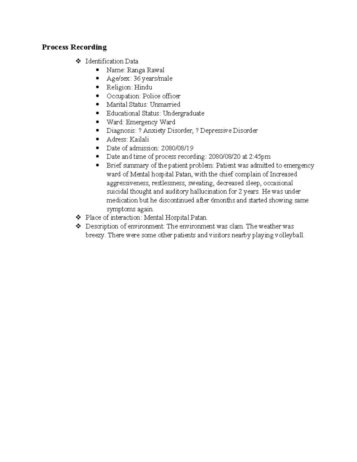 Process Recording case study Process Recording Identification Data
