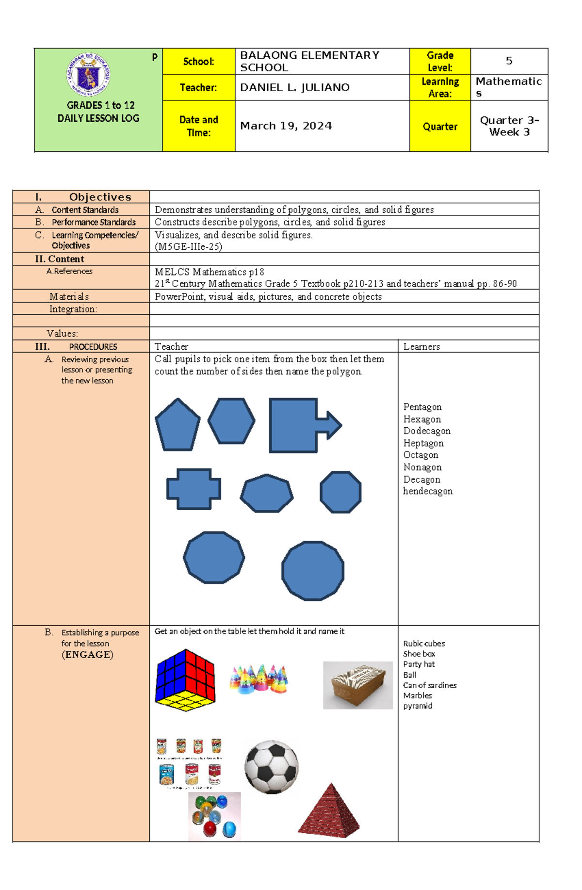 DLP-DAN- Mathematics - p GRADES 1 to 12 DAILY LESSON LOG School ...
