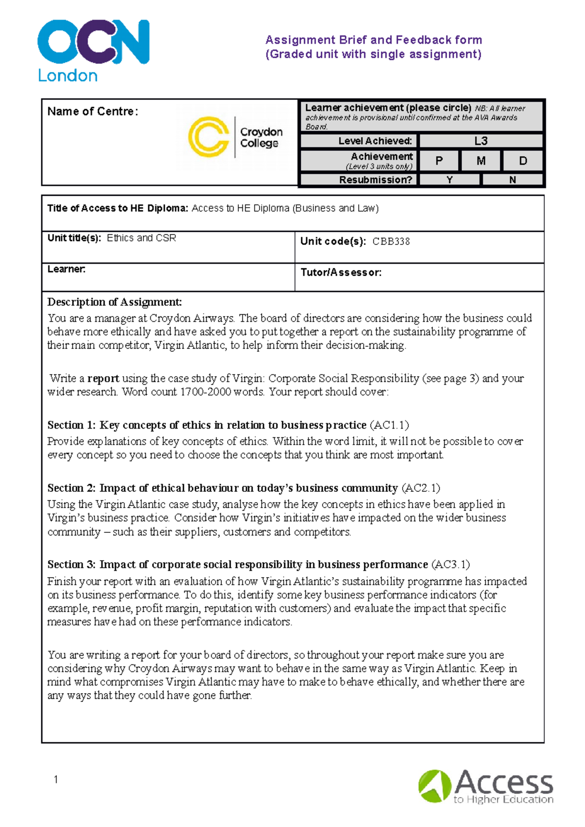 Assignment Brief Ethics and CSR 2022 - (Graded unit with single ...