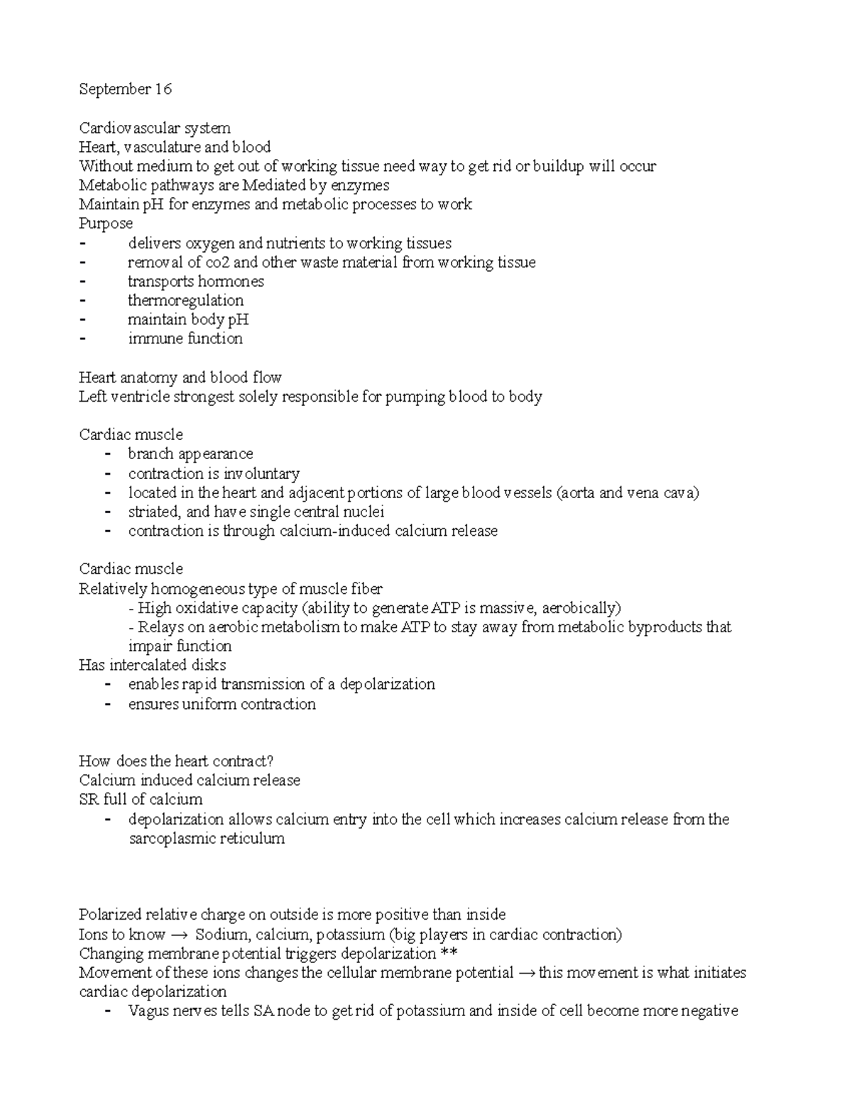 September 16 - sep lecture notes - September 16 Cardiovascular system ...