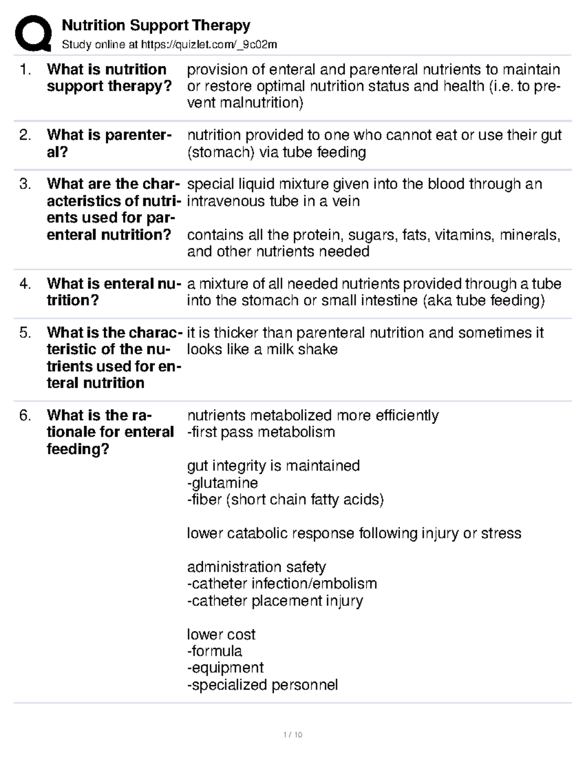 Nutrition Support Therapy Study online at quizlet/_9c02m What is