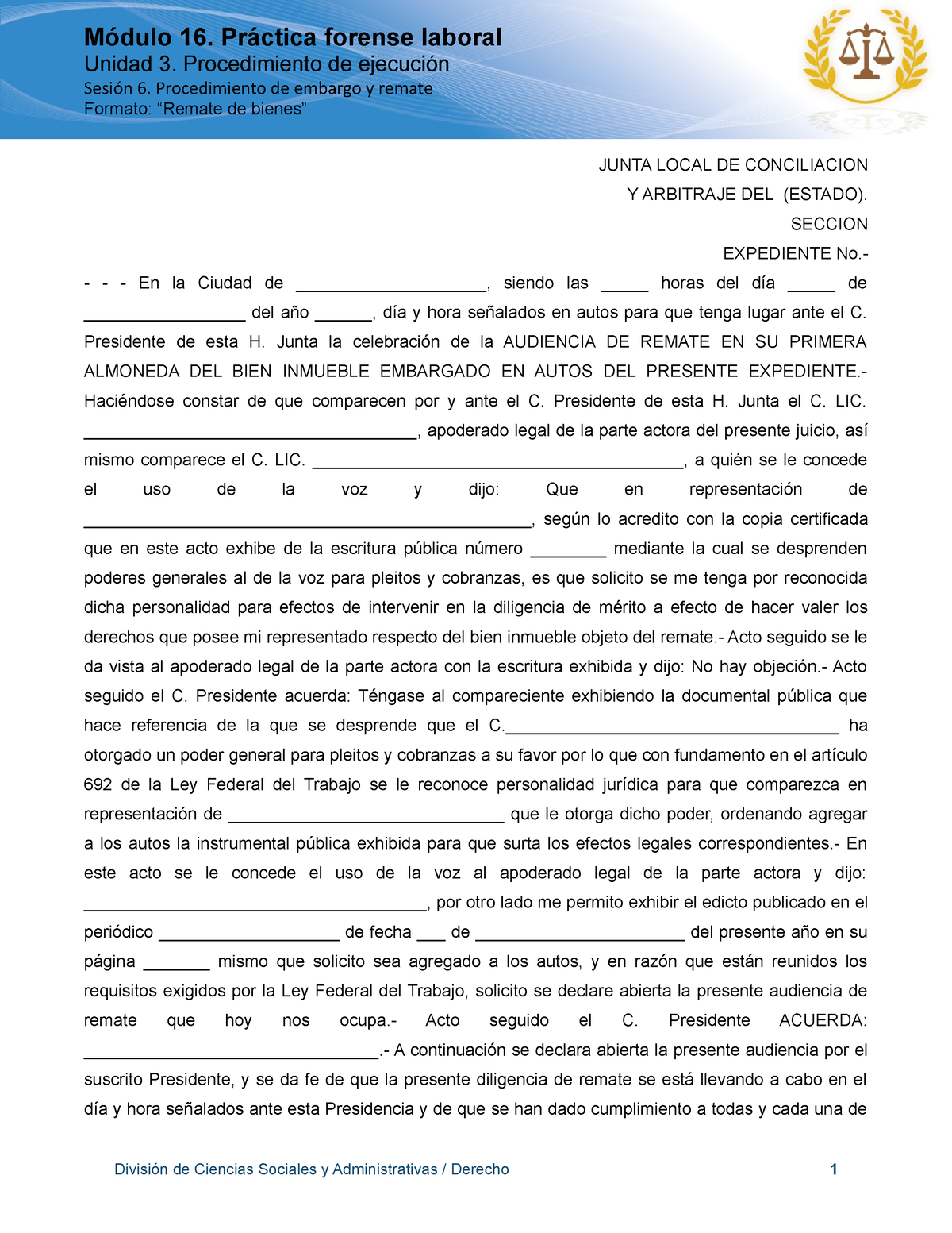 De M16 U3 S6 Formato Remate De Bienes Módulo 16 Práctica Forense Laboral Unidad 3 5020