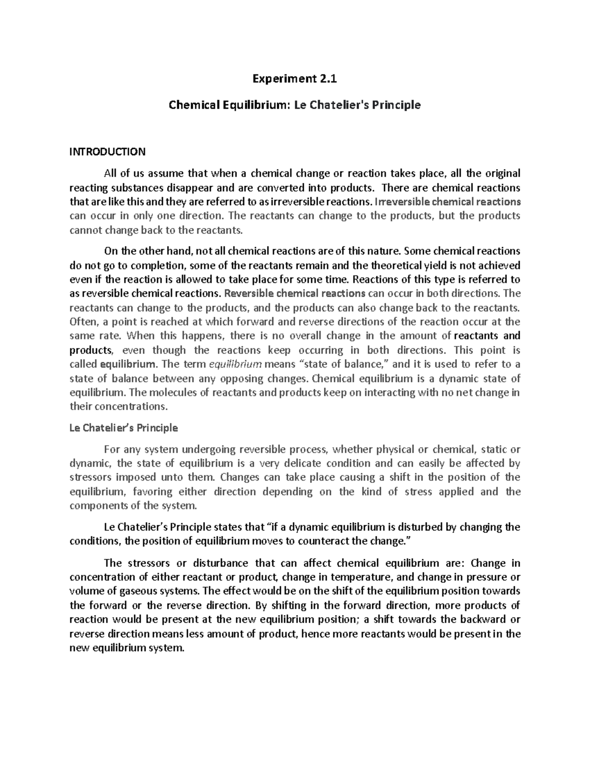 Experiment-2 - Lab Manual - Experiment 2. Chemical Equilibrium: Le ...