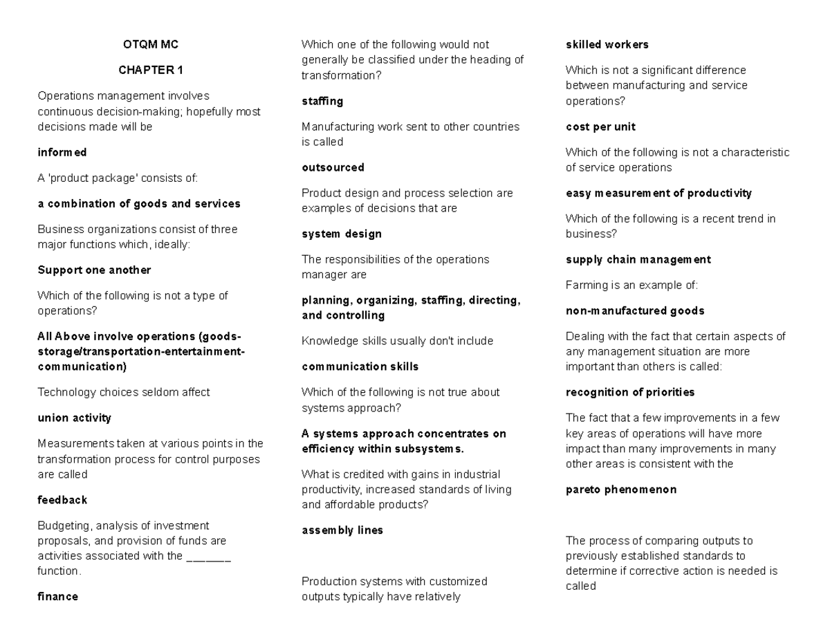 OTQM MC quizlet Operations Management OTQM MC CHAPTER 1 Operations