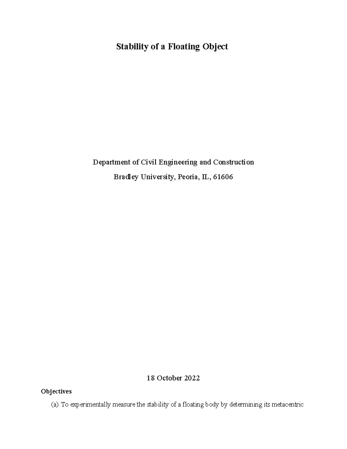 CE 260 Stability of a Floating Object Lab 3 Stability of a