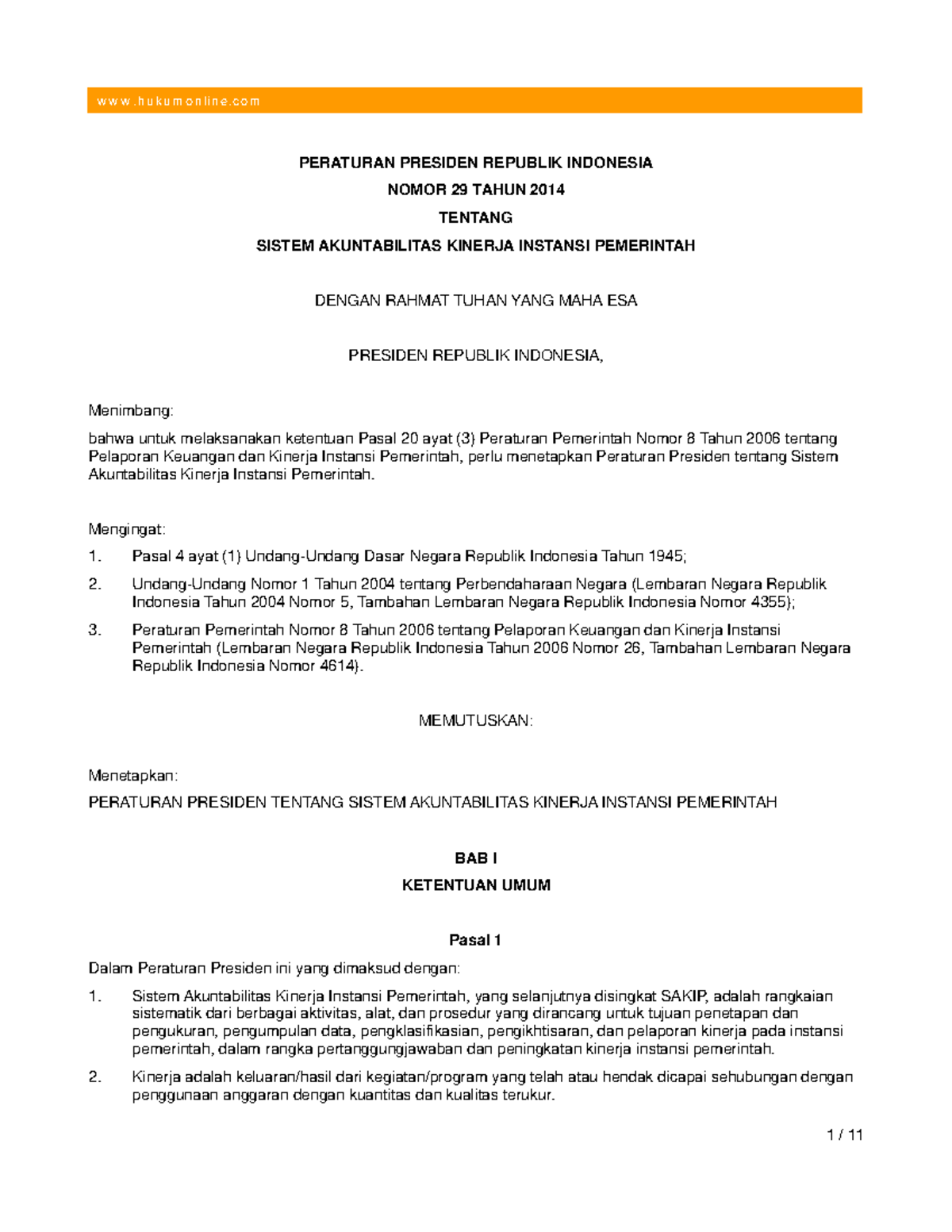 Perpres 29 Tahun 2014 PERATURAN PRESIDEN REPUBLIK INDONESIA NOMOR 29