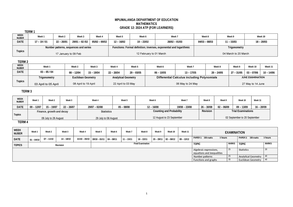 Grade 12 Maths Learner ATP 2024 MPUMALANGA DEPARTMENT OF EDUCATION