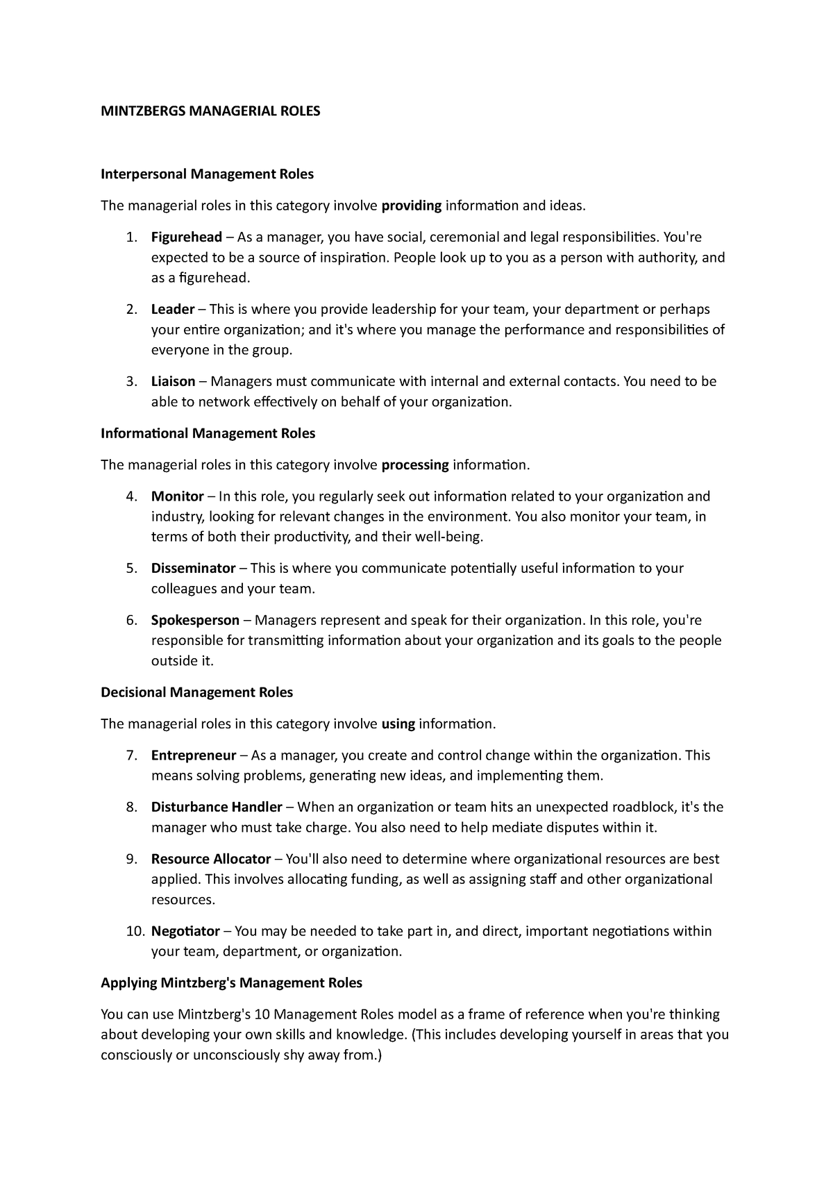 Mintzbergs Managerial Roles - MINTZBERGS MANAGERIAL ROLES Interpersonal ...