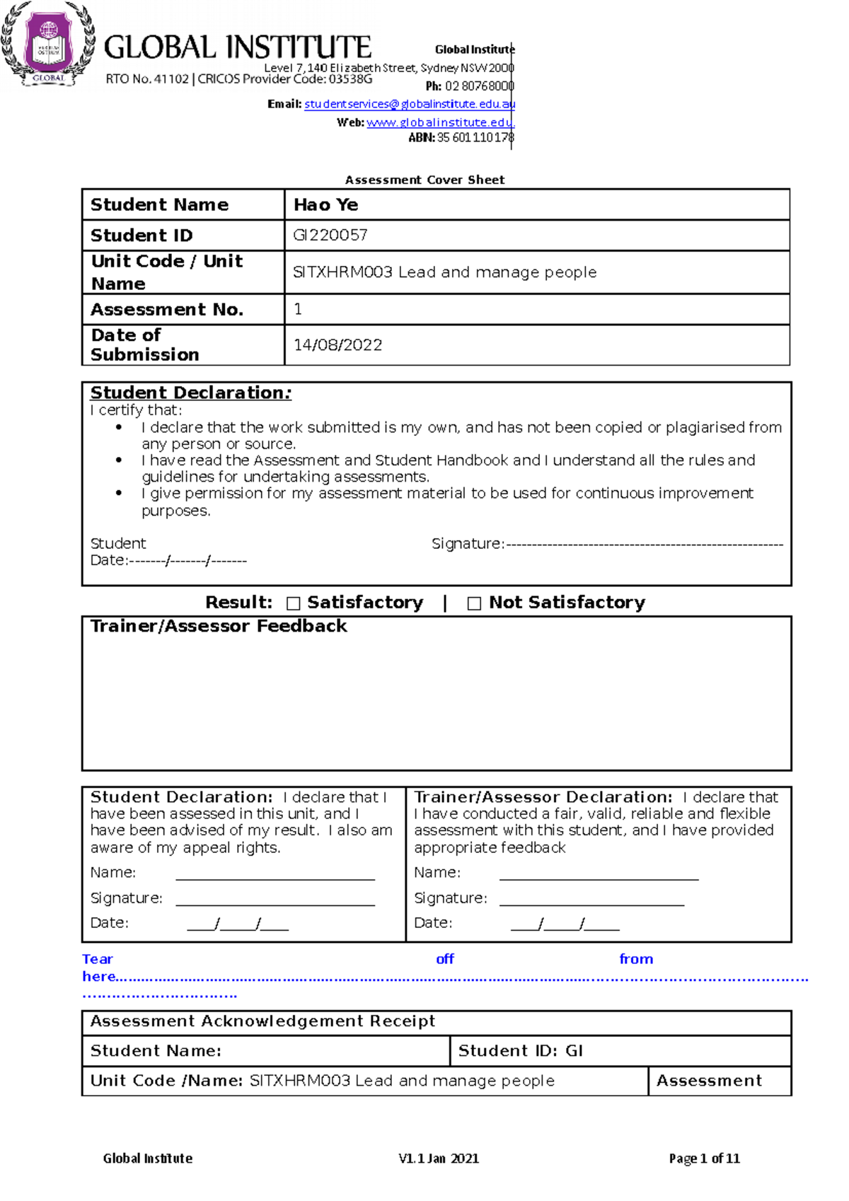 Sitxhrm 003 Assessment Task 1 Global V1 - Assessment Cover Sheet ...