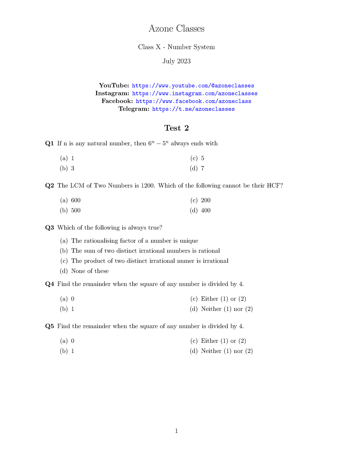 Class 10test2 Azone Classes Class X Number System July 2023 Youtube Youtubeazoneclasses 2141