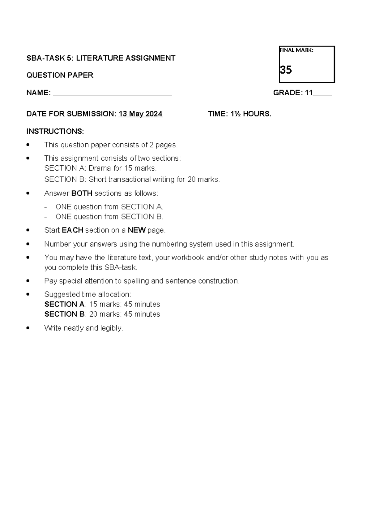 mathematics grade 9 sba task 1 assignment