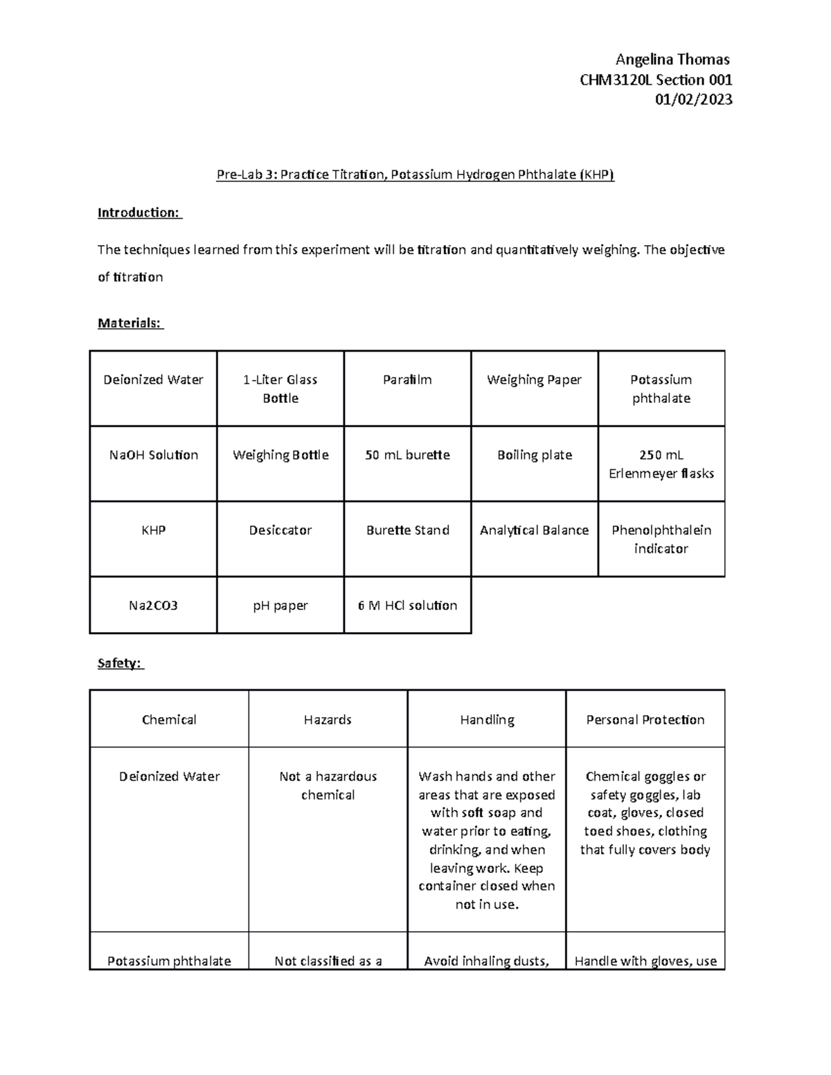Pre Lab 3 - Pre Lab 3 - Angelina Thomas CHM3120L Section 001 01/02/ Pre ...