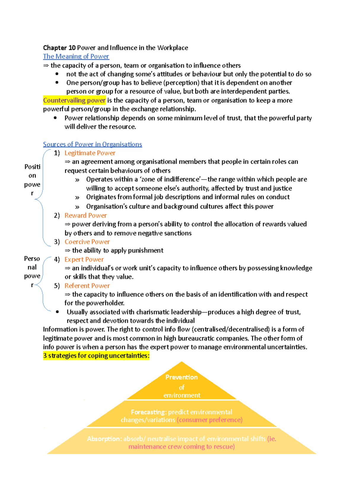 Docx - Chapter 10 notes - Chapter 10 Power and Influence in the ...