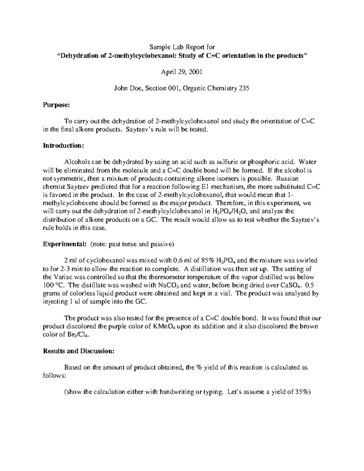 Sample lab report - Sample Lab Report for ”Dehydration of 2 ...