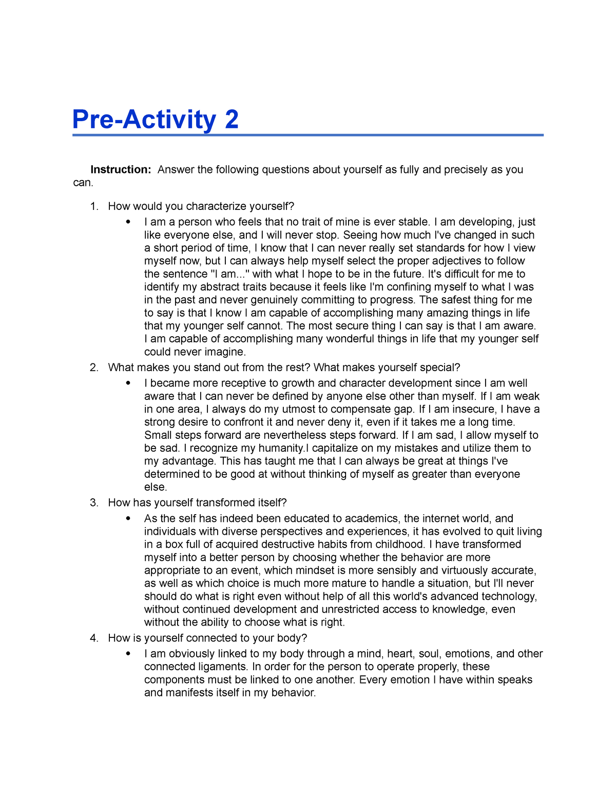 Pre Activity 2 How Would You Characterize Yourself I Am A Person Who 