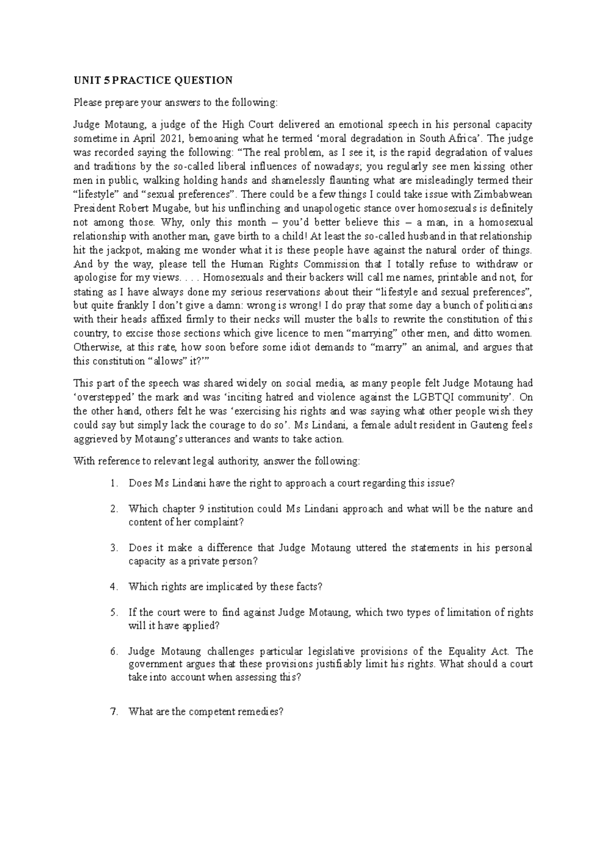 Unit 5 - Practice Question - UNIT 5 PRACTICE QUESTION Please prepare ...