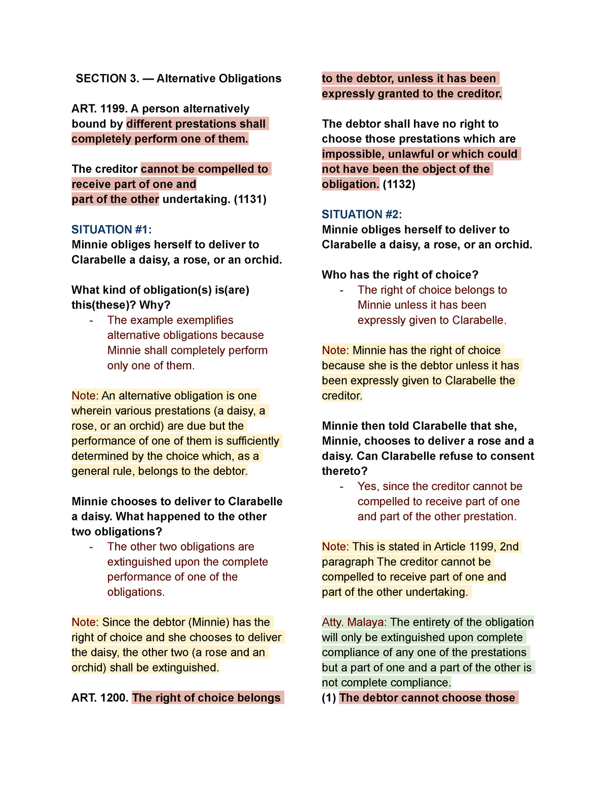 Oblicon Ch3 Sec3 - SECTION 3. — Alternative Obligations ART. 1199. A ...