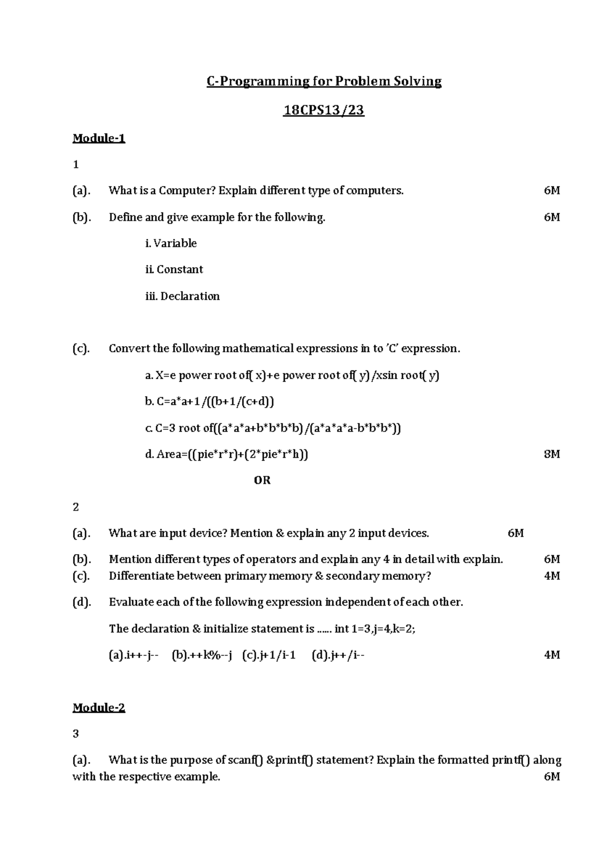 18cps13 - Cad notes - C-Programming for Problem Solving 18CPS13/ Module ...