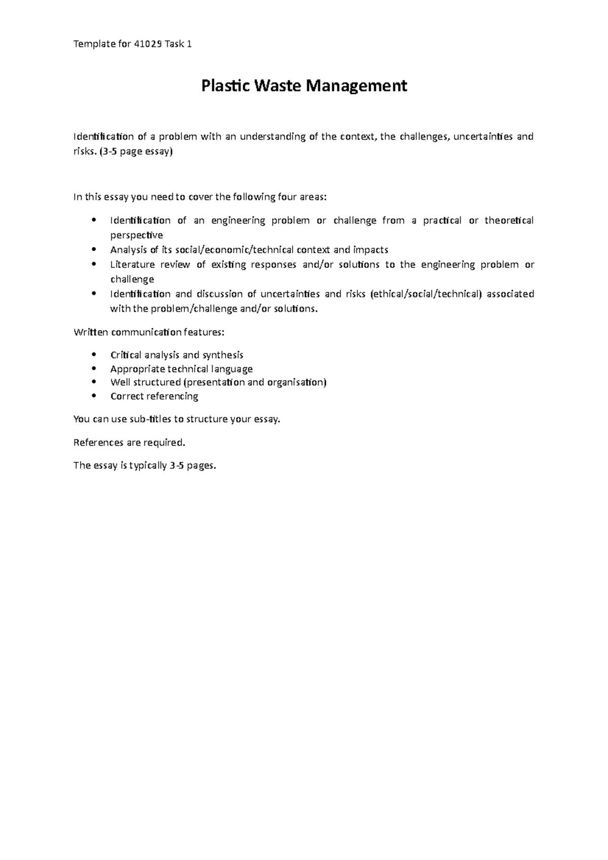 Engineering Research Prep - Task 1 - Template for 41029 Task 1 Plastic ...