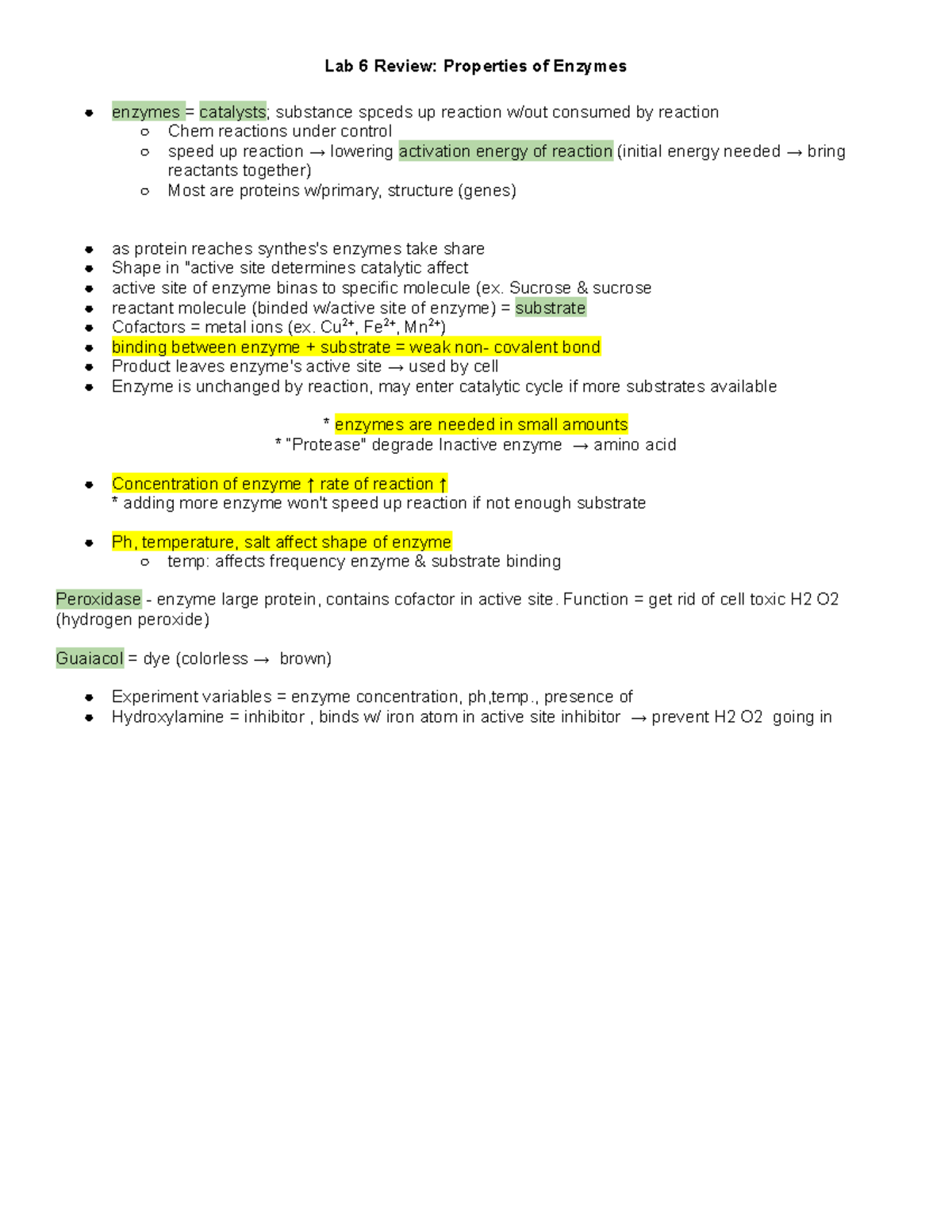 Lab 6 Review Properties of Enzymes - Lab 6 Review: Properties of ...