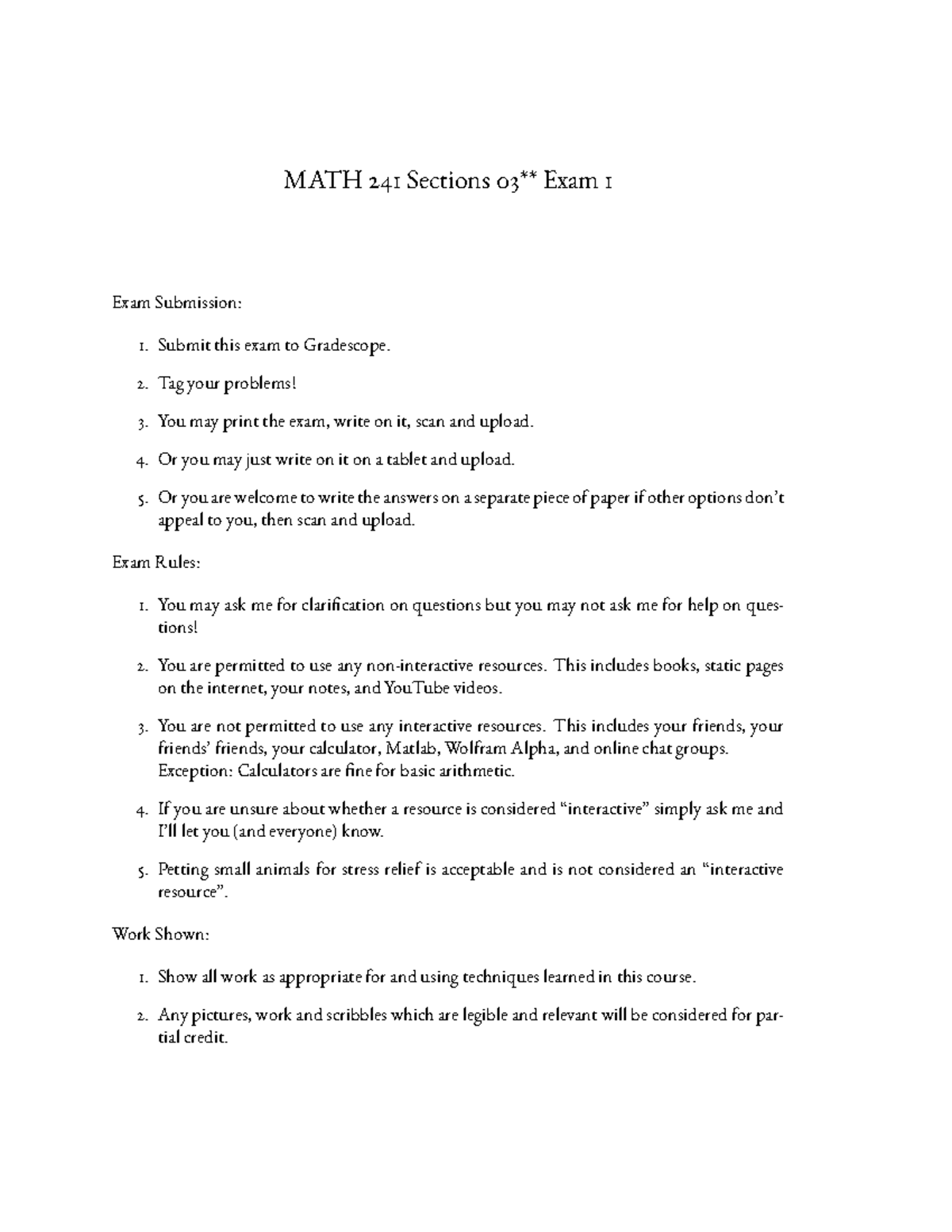 Exam1fall2020 - MATH 241 Sections 03** Exam 1 Exam Submission: Submit ...