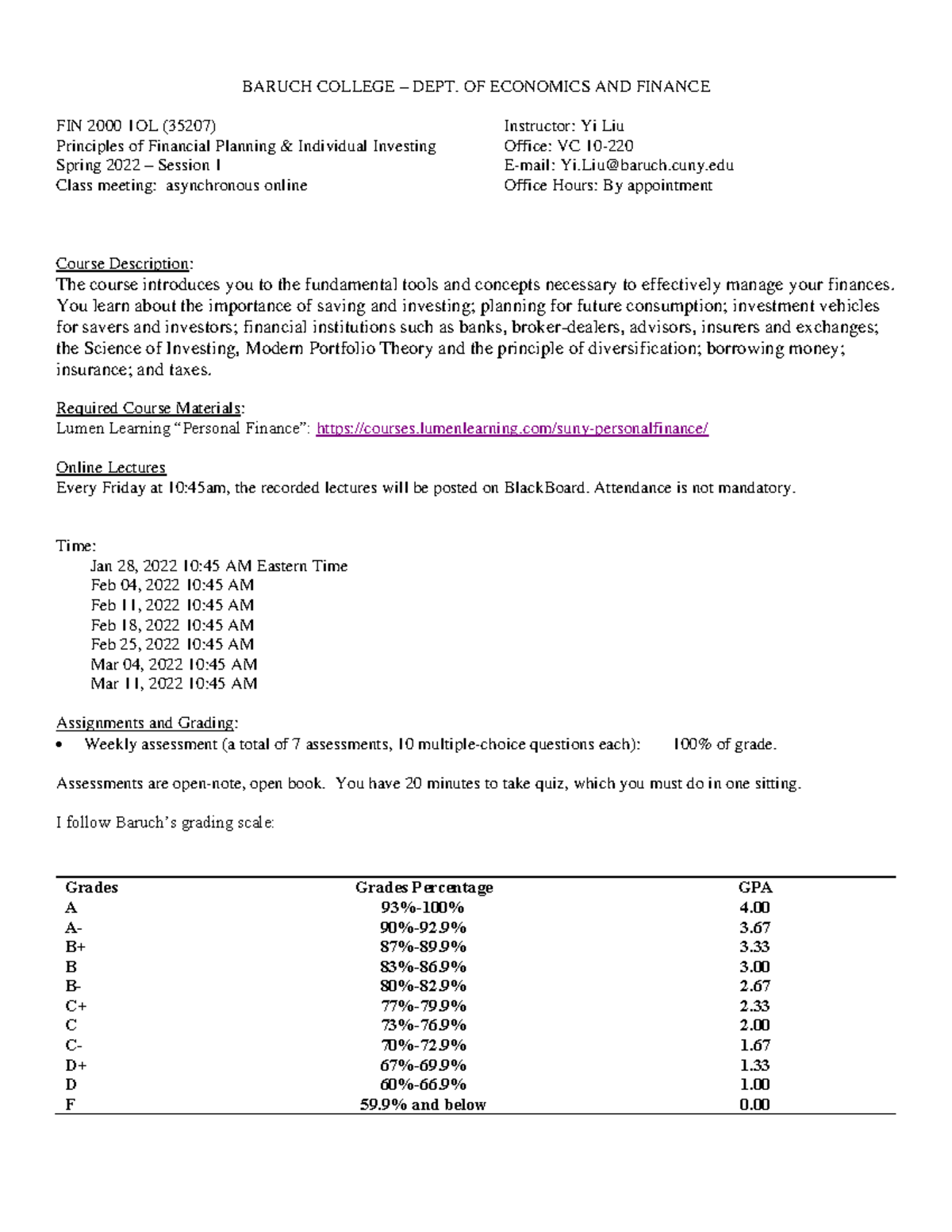 FIN 2000 1OL Syllabus Spring 2022 1.5 Credit - BARUCH COLLEGE – DEPT ...