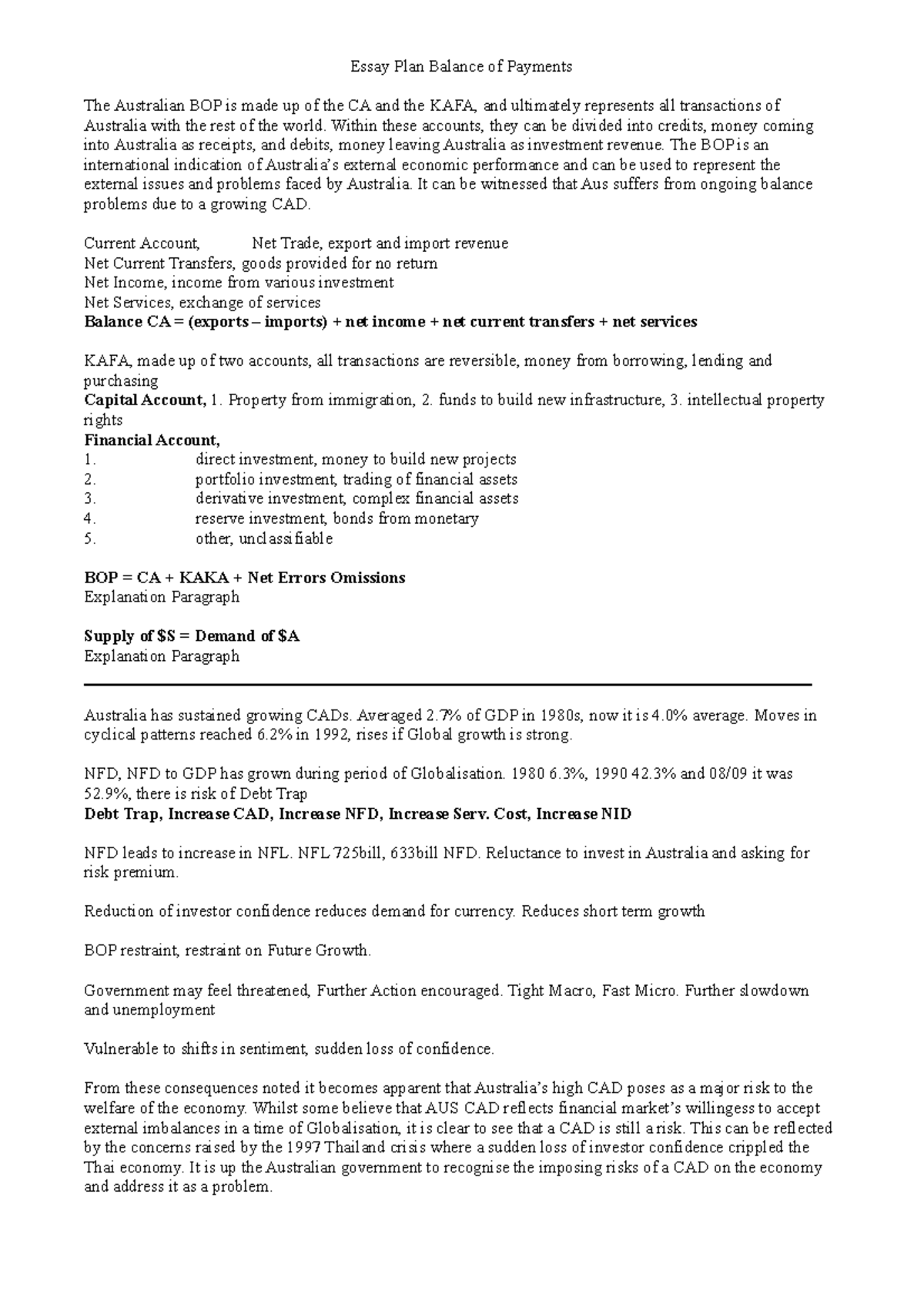 COMM1110 Week 3 Part 2 - Essay Plan Balance of Payments The Australian ...