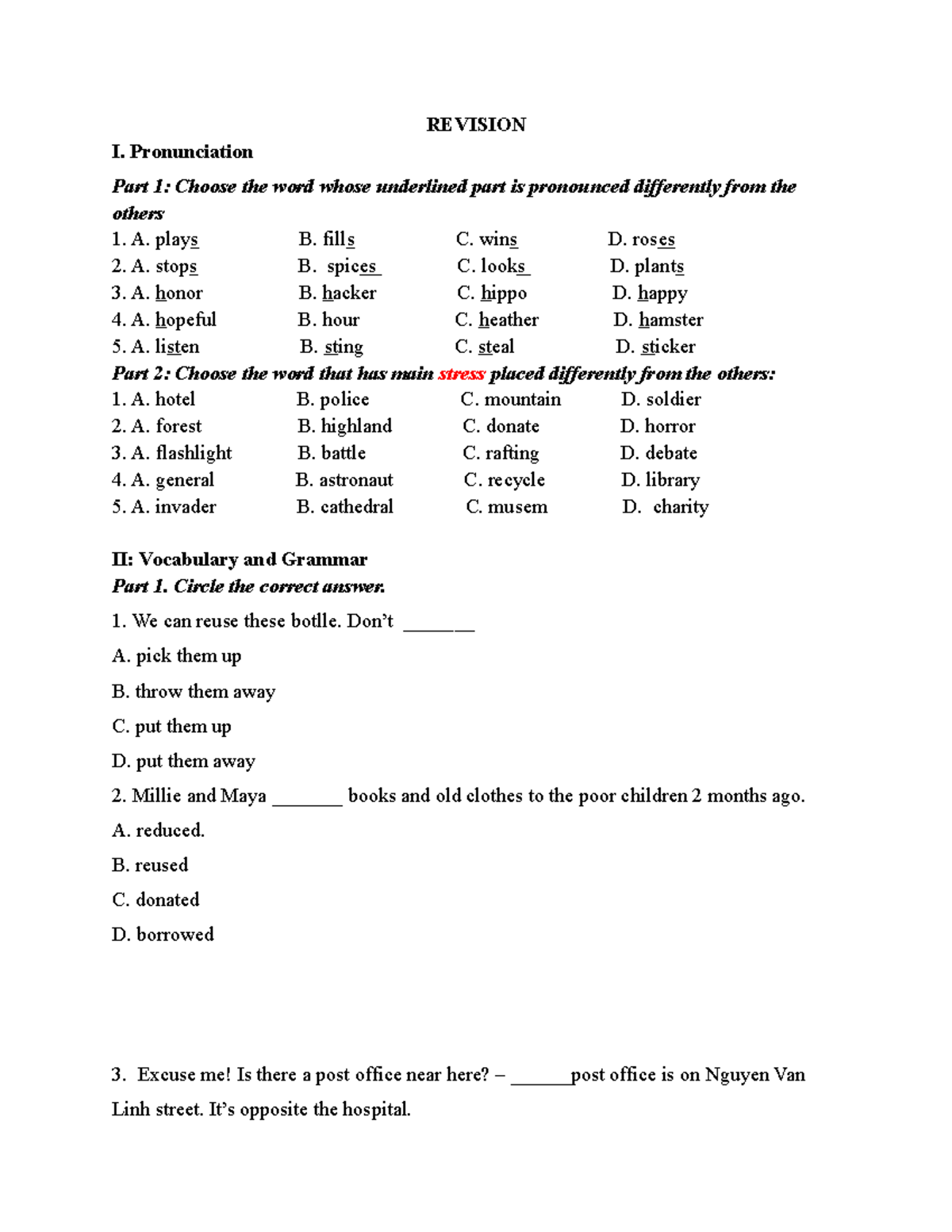 Revision 2 ANH 6 - REVISION I. Pronunciation Part 1: Choose The Word ...