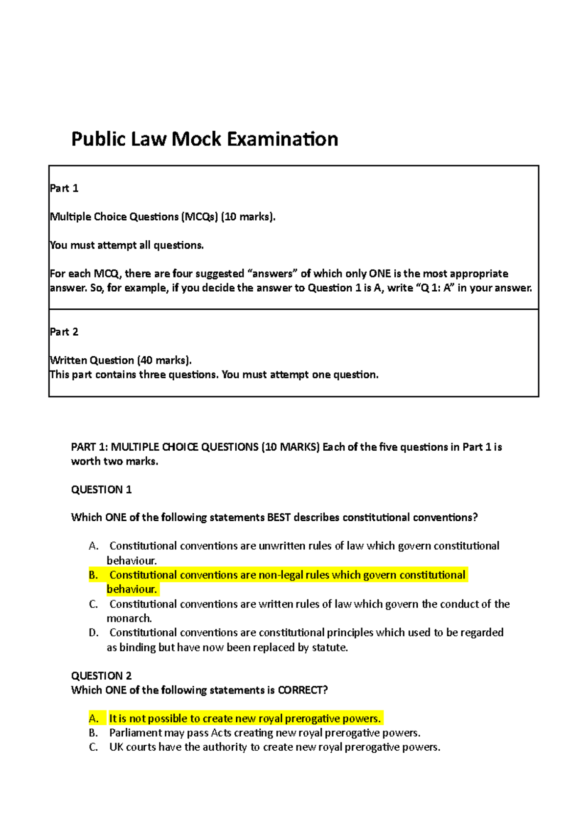 Public Law Mock Examination - You Must Attempt All Questions. For Each ...