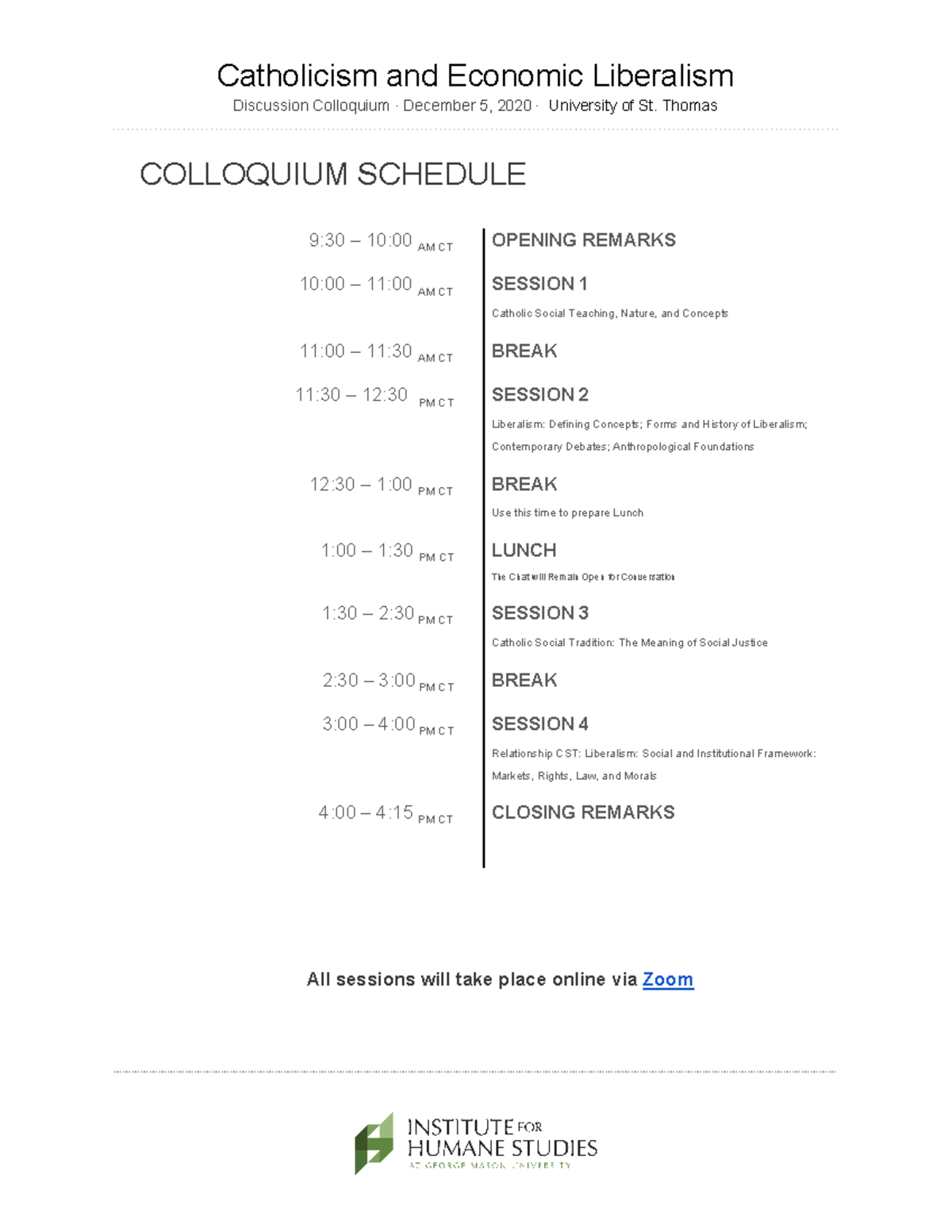 IHS Colloquium St. Thomas Schedule 30 min Breaks Catholicism and