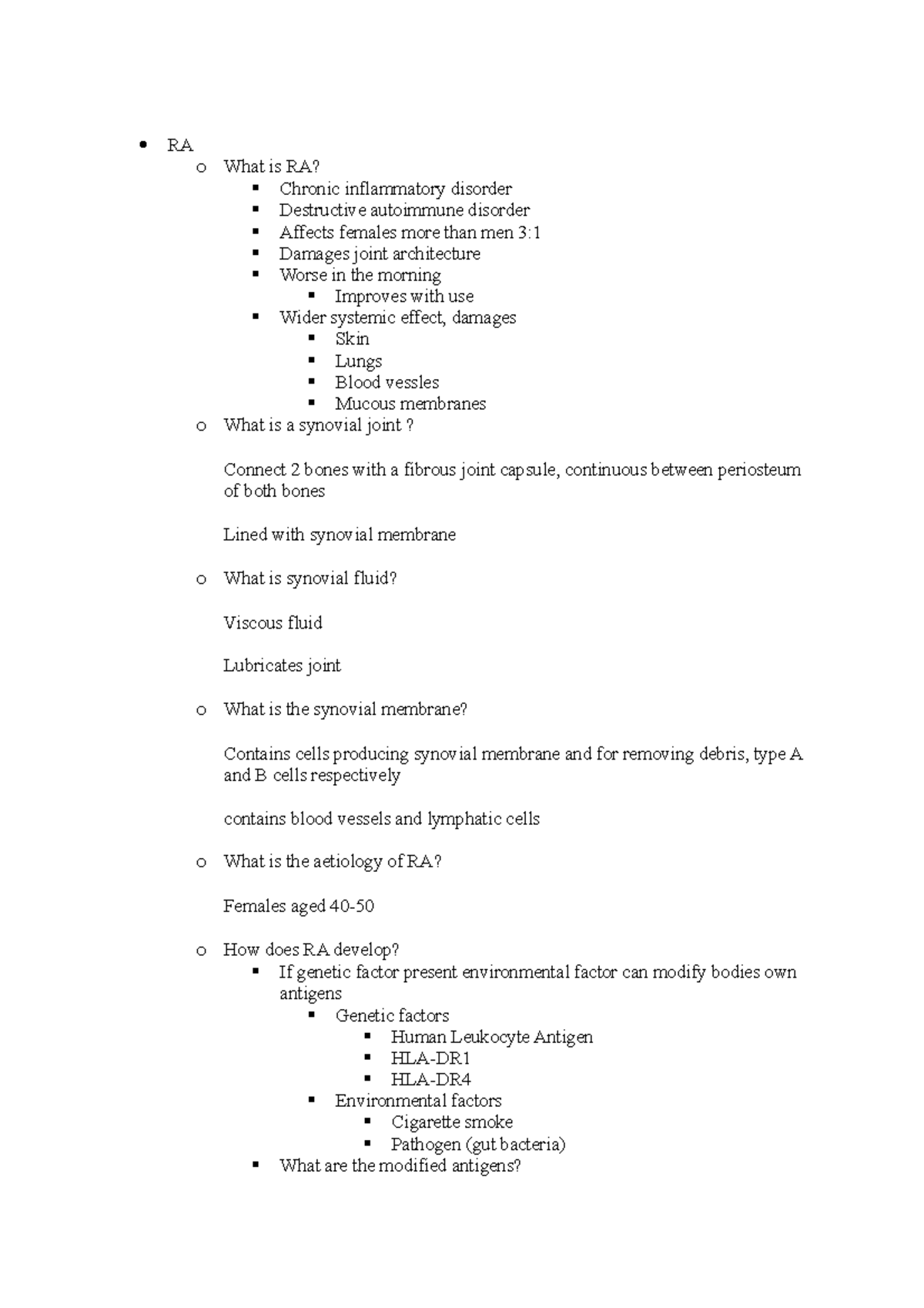 RA Rheumatoid arthritis RA o What is RA? Chronic inflammatory