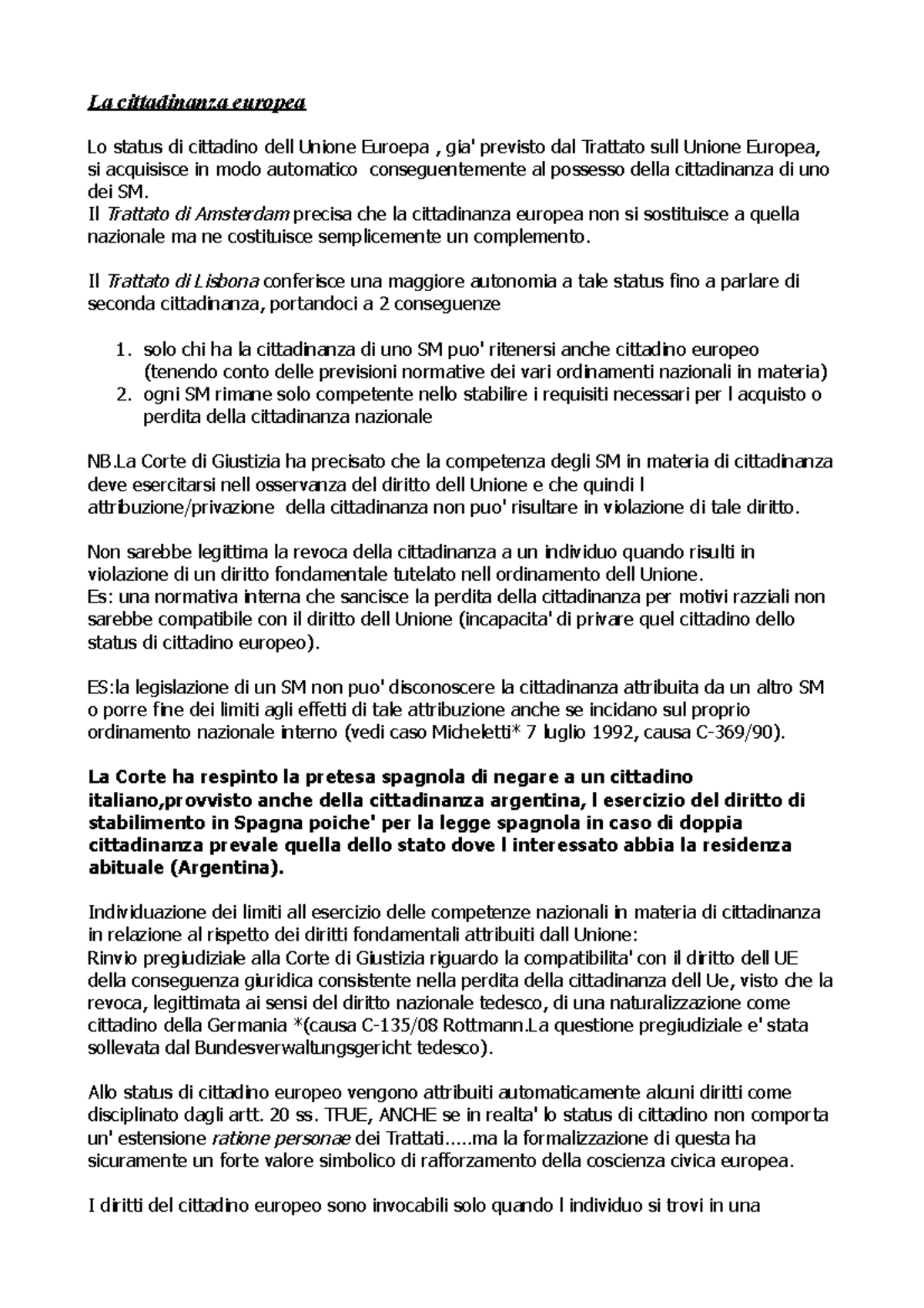 La cittadinanza europea Il Trattato di