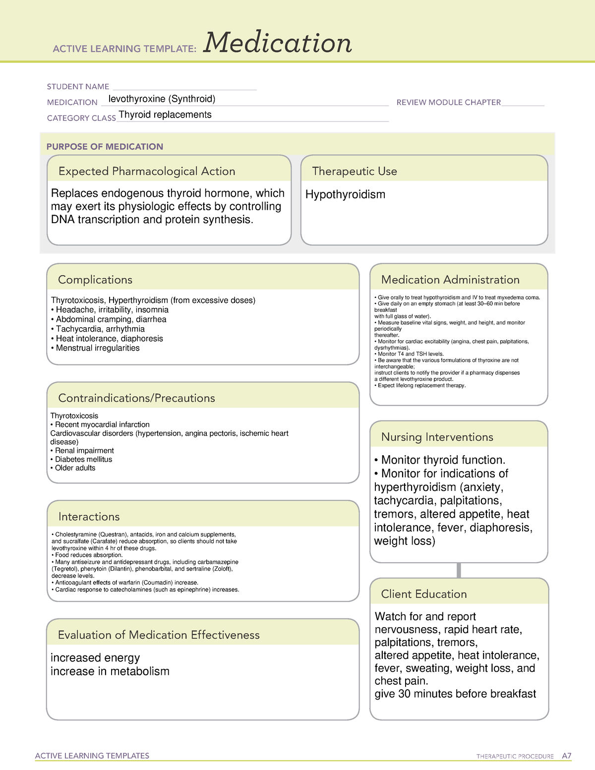 ATI pharmacology med template Levothyroxine ACTIVE LEARNING