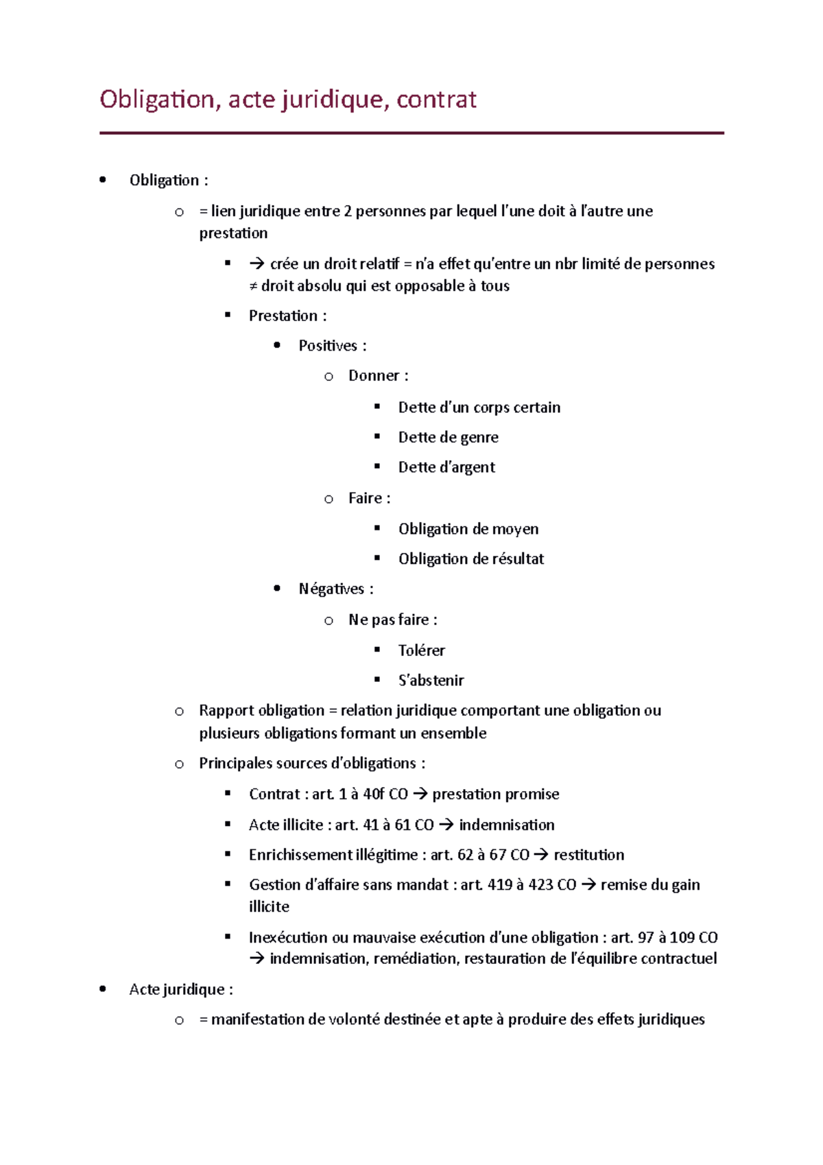 Obligation 1 à 40f CO prestation promise Acte illicite art. 41 à 61